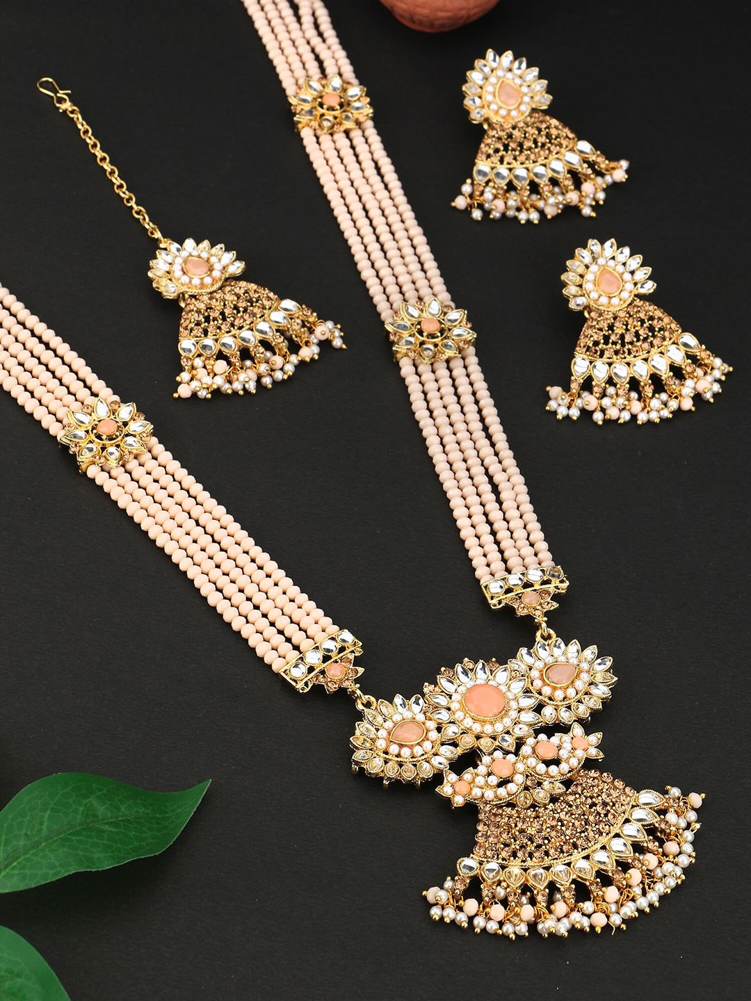 

Adwitiya Collection 24CT Gold-Plated Stone-Studded & Beaded Necklace & Earrings