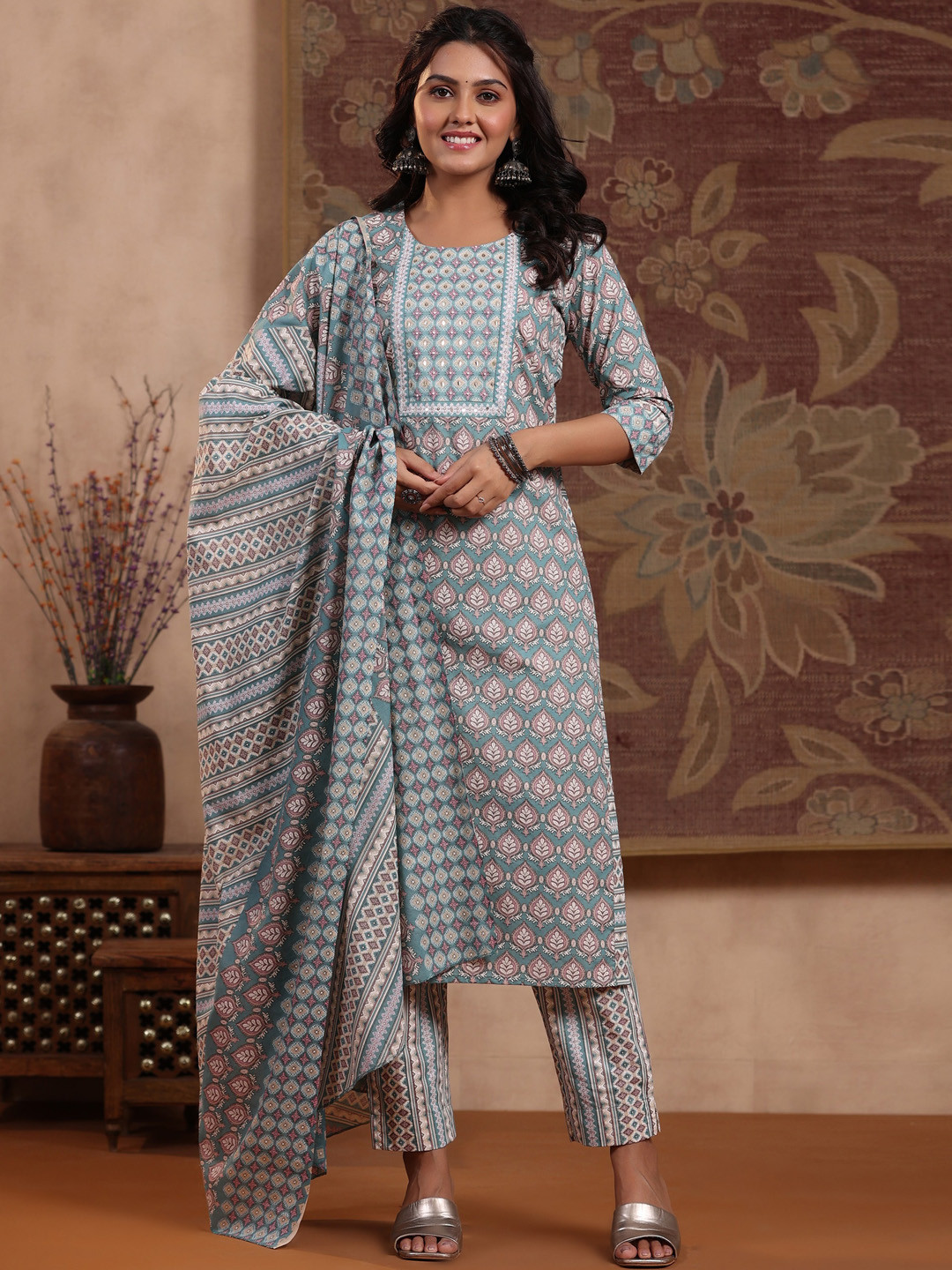 

Readiprint Fashions Floral Printed Sequinned Pure Cotton Kurta with Trousers & Dupatta, Turquoise blue