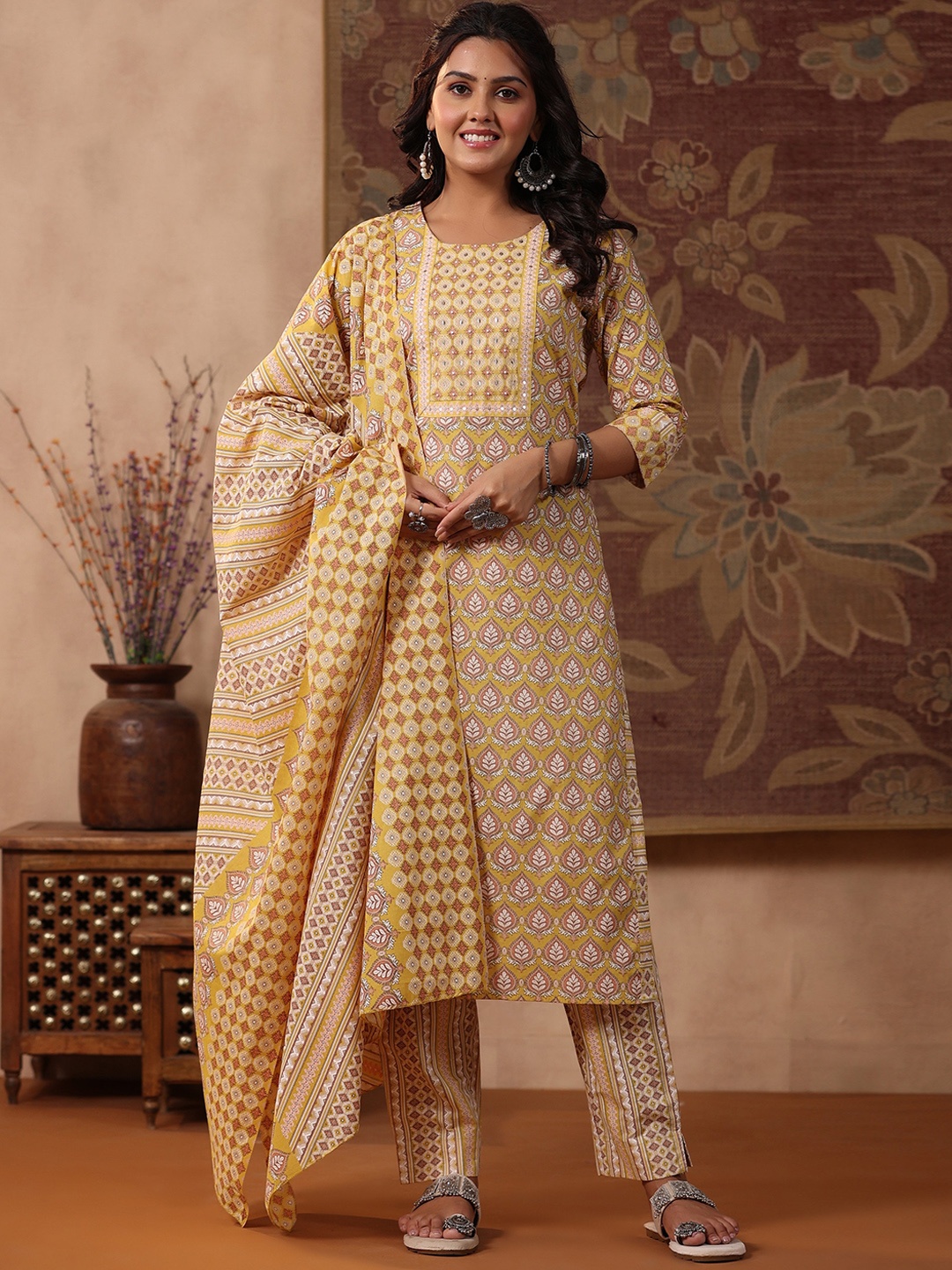 

Readiprint Ethnic Printed Sequinned Pure Cotton Kurta with Trousers & Dupatta, Mustard