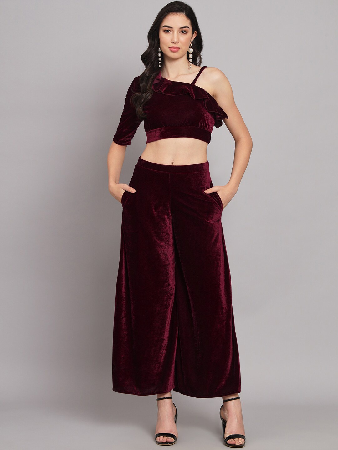 

VAARARO Velvet Top & Palazzos Co-Ords, Burgundy