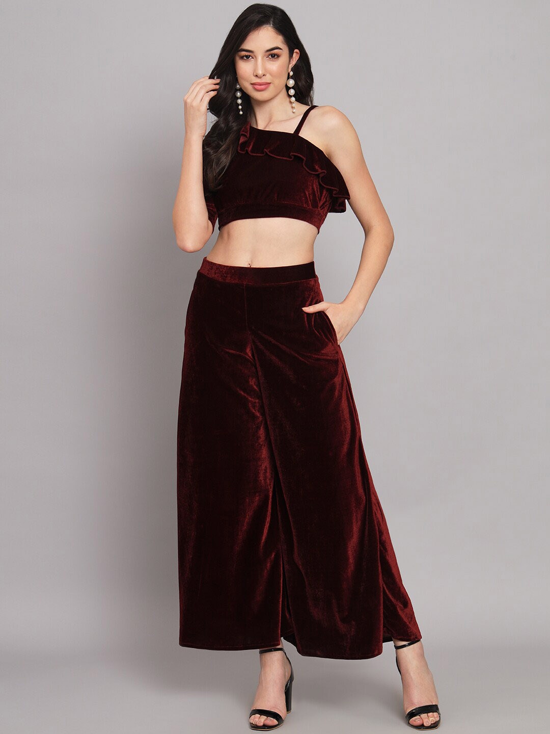 

VAARARO Velvet Top & Palazzos Co-Ords, Maroon