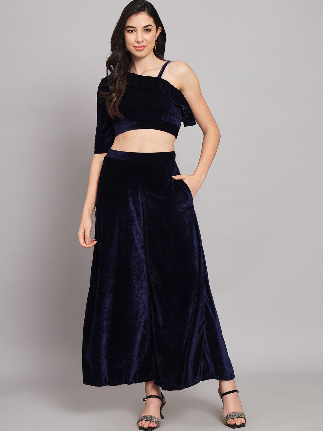 

VAARARO Velvet Top & Palazzos Co-Ords, Navy blue