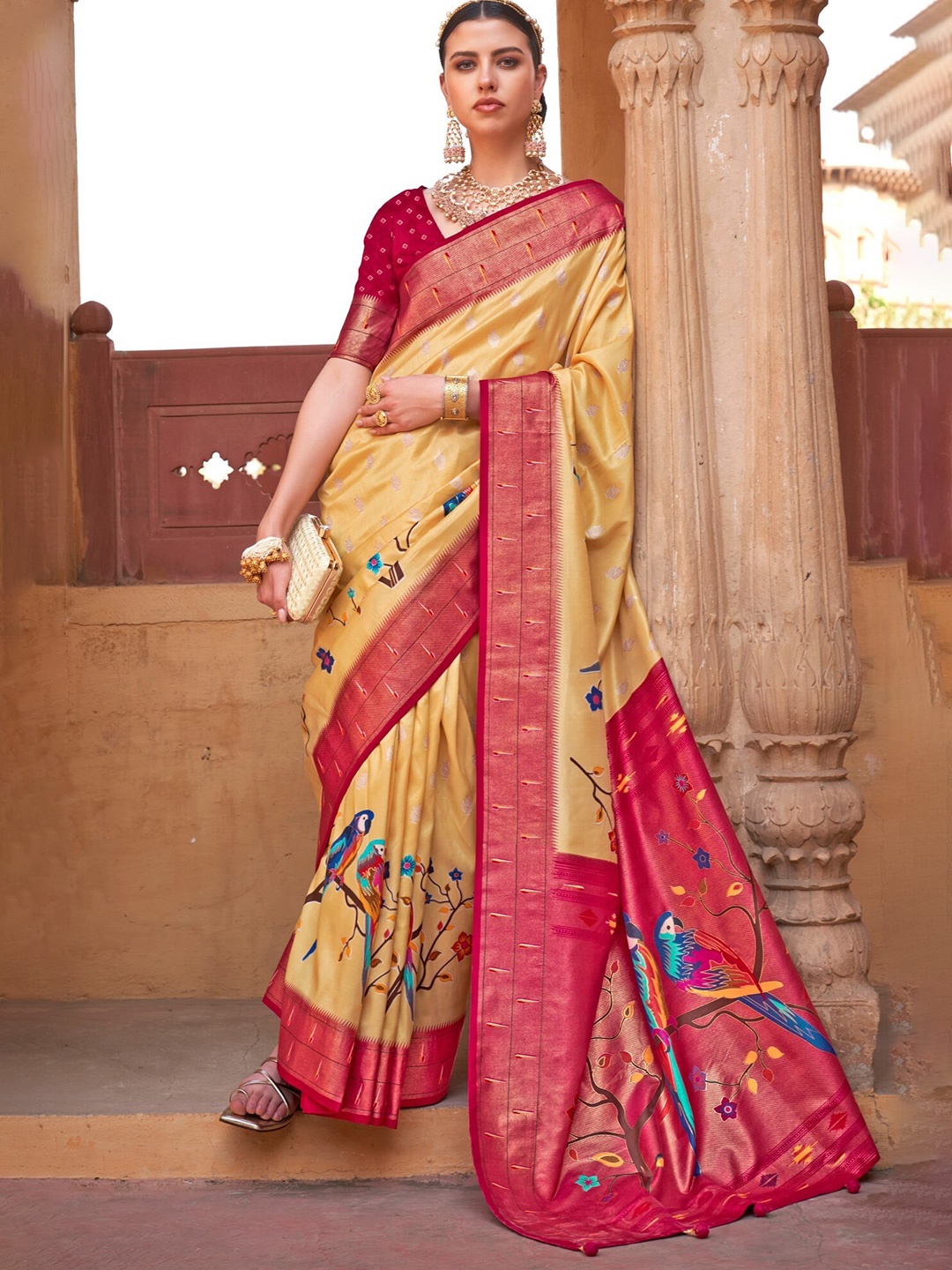 

Mitera Yellow & Pink Woven Design Zari Paithani Saree