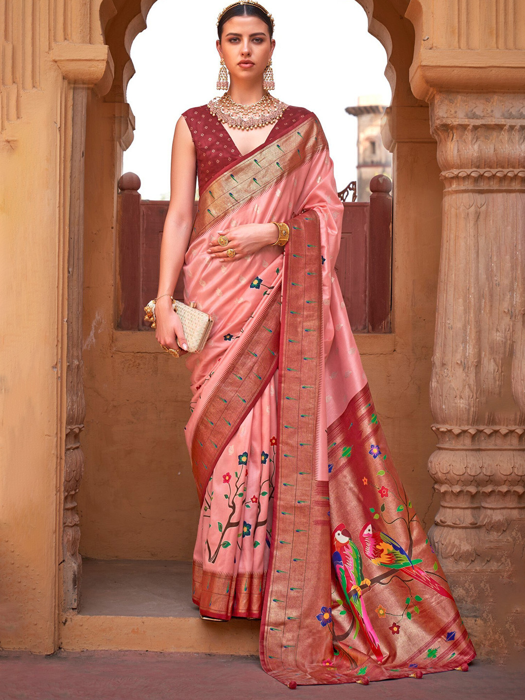 

Mitera Peach & Green Floral Silk Blend Paithani Saree