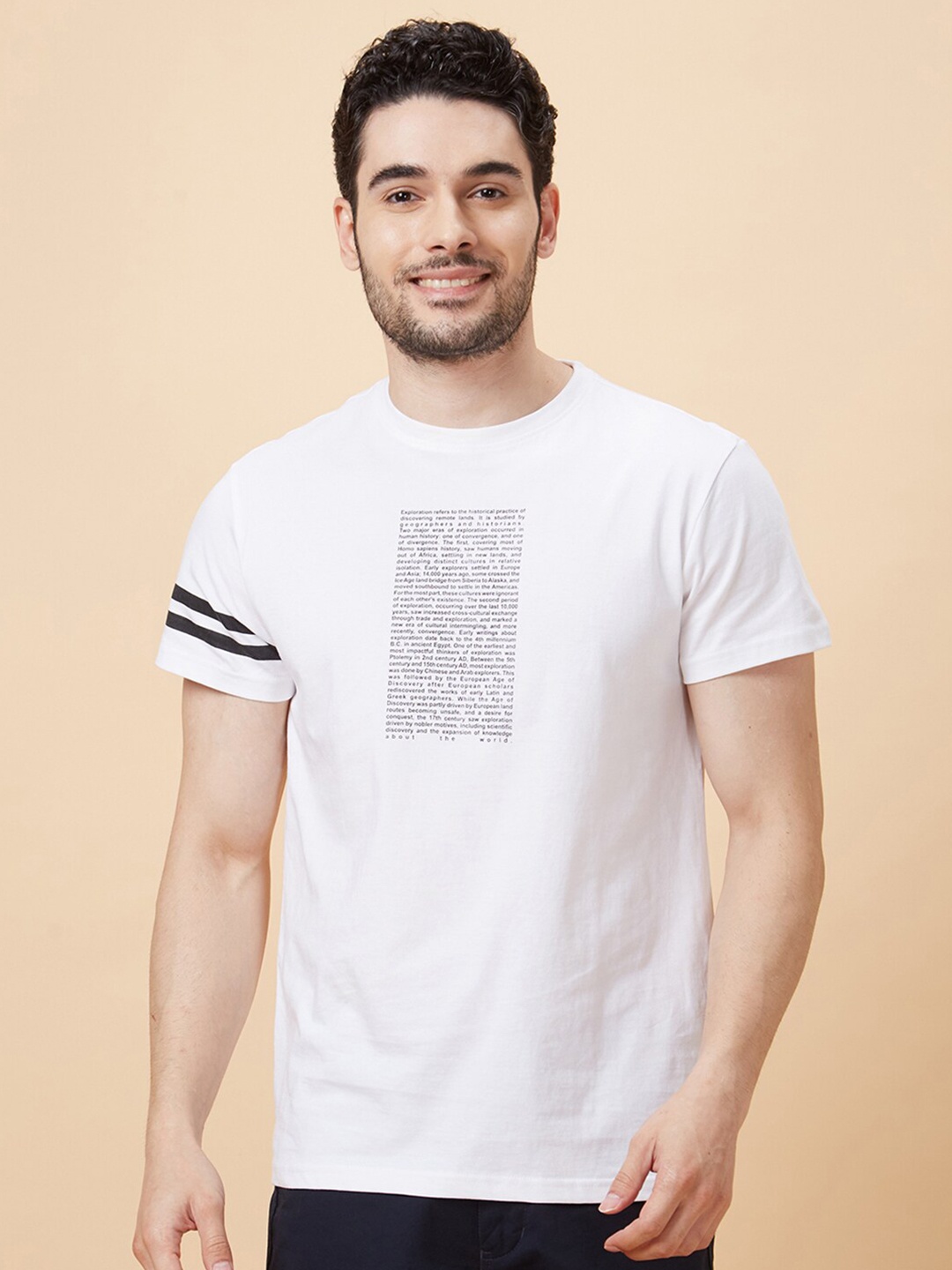 Globus White Typography Printed Pure Cotton Sports T-Shirt