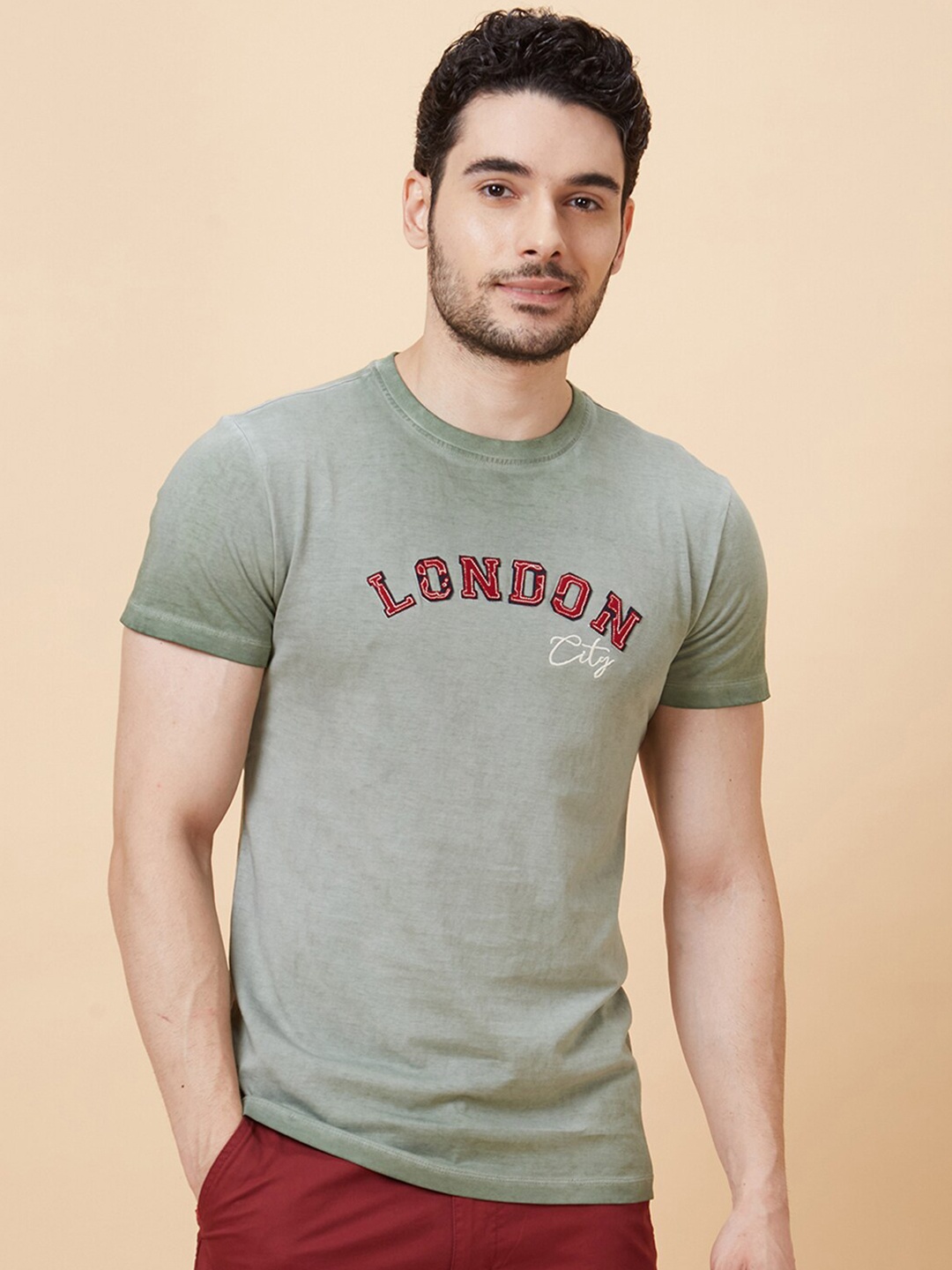 Globus Olive Green Typography Printed Pure Cotton T-Shirt