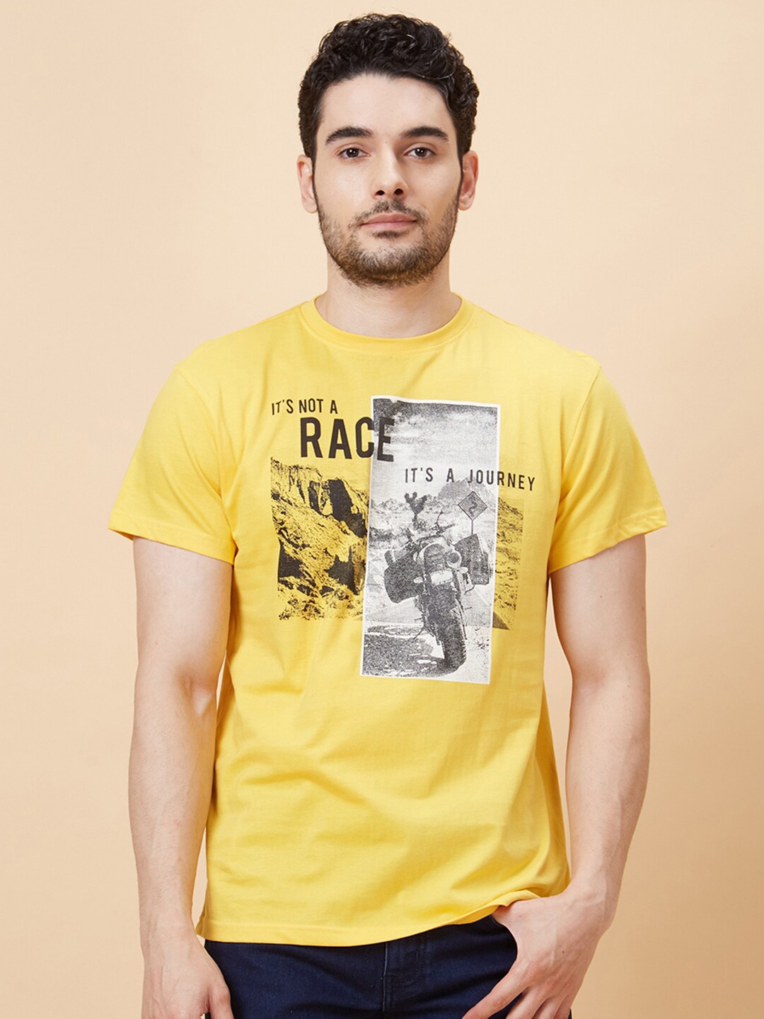 

Globus Mustard Yellow Graphic Printed Pure Cotton T-Shirt