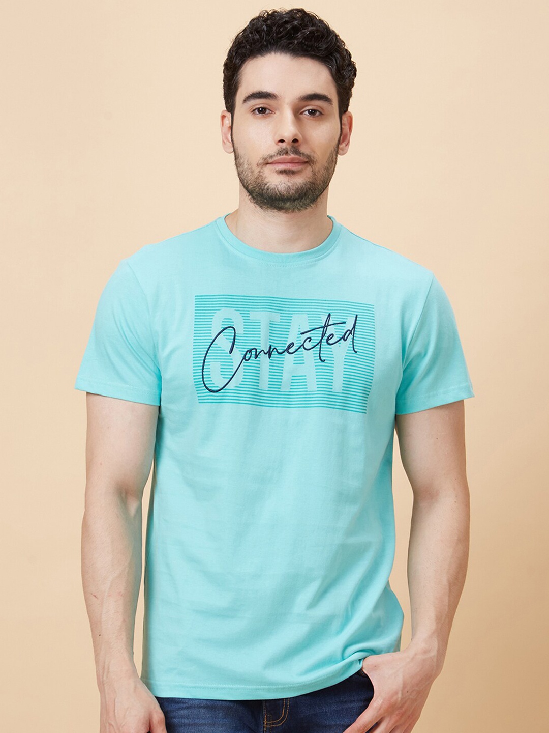 

Globus Green Typography Printed Pure Cotton T-Shirt, Blue