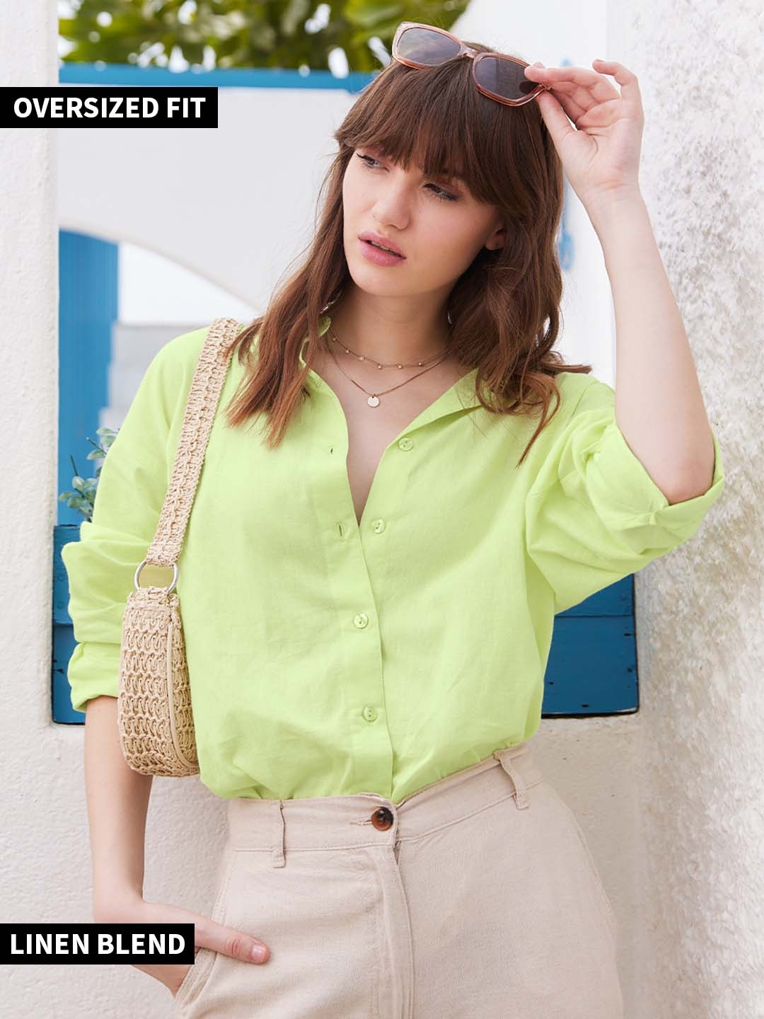 

The Souled Store Lime Green Relaxed Fit Cotton Linen Casual Shirt