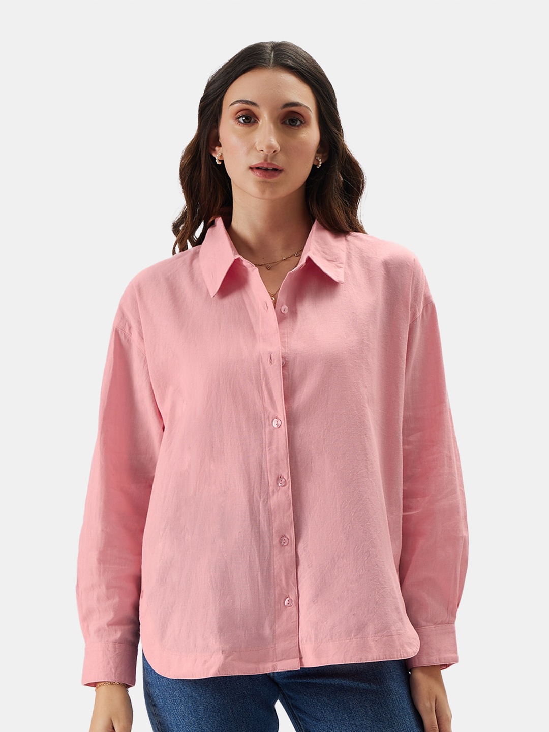 

The Souled Store Women Pink Relaxed Cotton Linen Casual Shirt