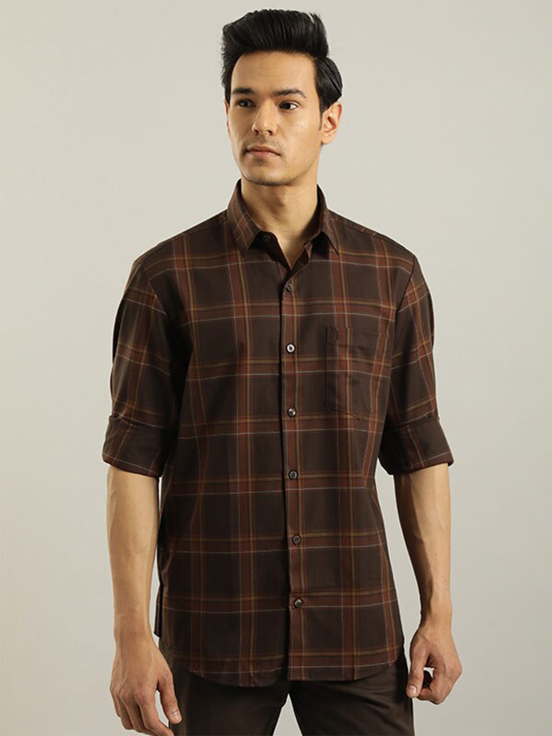 

Indian Terrain Chiseled Slim Fit Tartan Checked Pure Cotton Casual Shirt, Brown