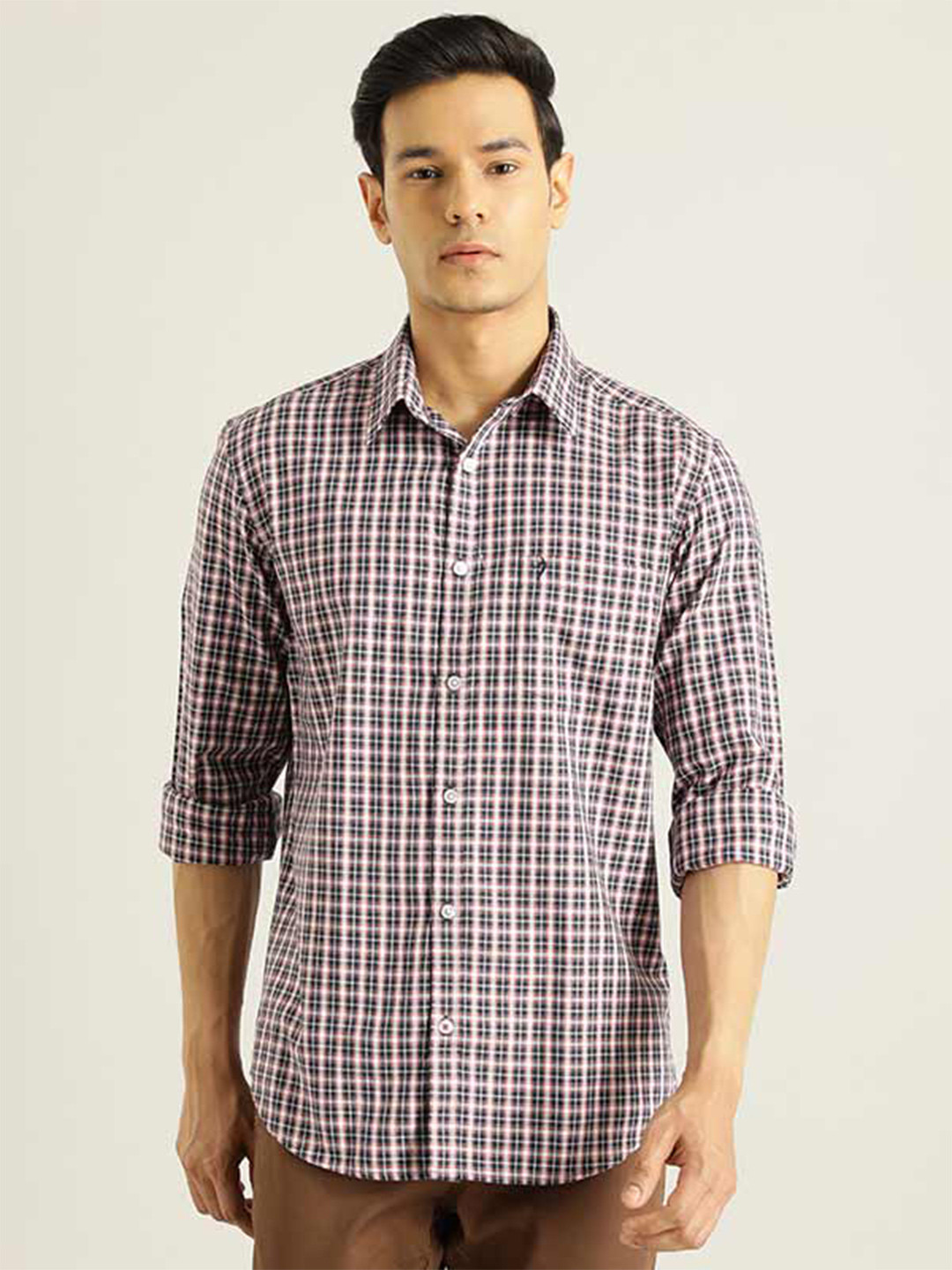 

Indian Terrain Chiseled Slim Fit Checked Pure Cotton Casual Shirt, Blue