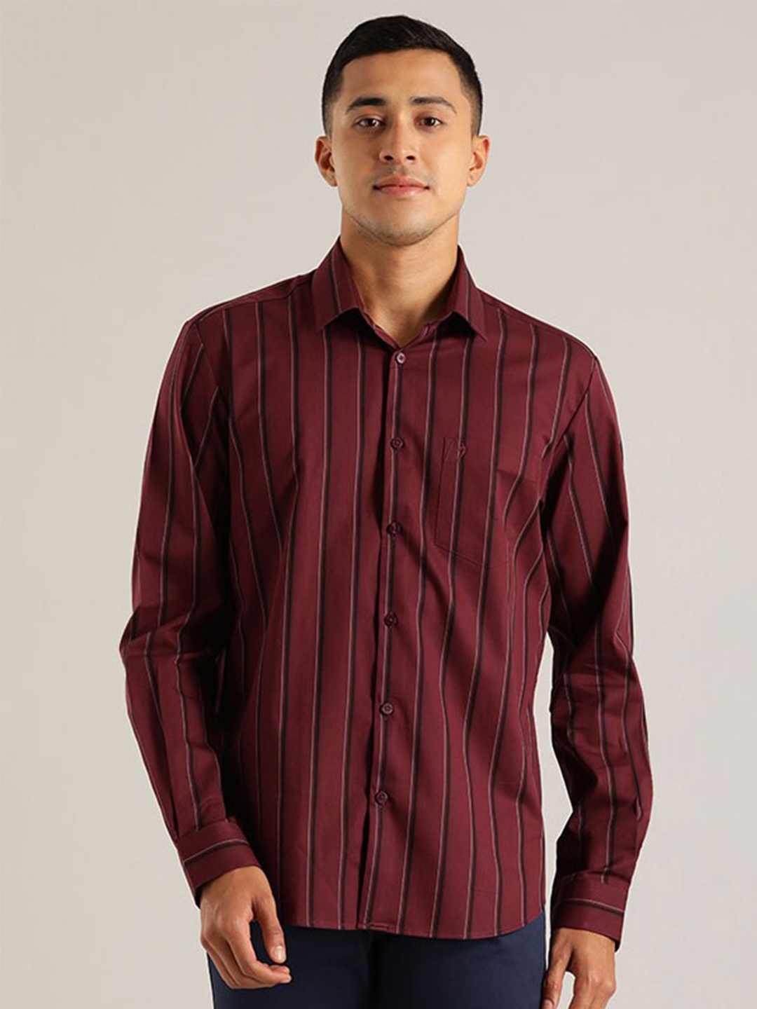 

Indian Terrain Chiseled Slim Fit Striped Pure Cotton Casual Shirt, Burgundy