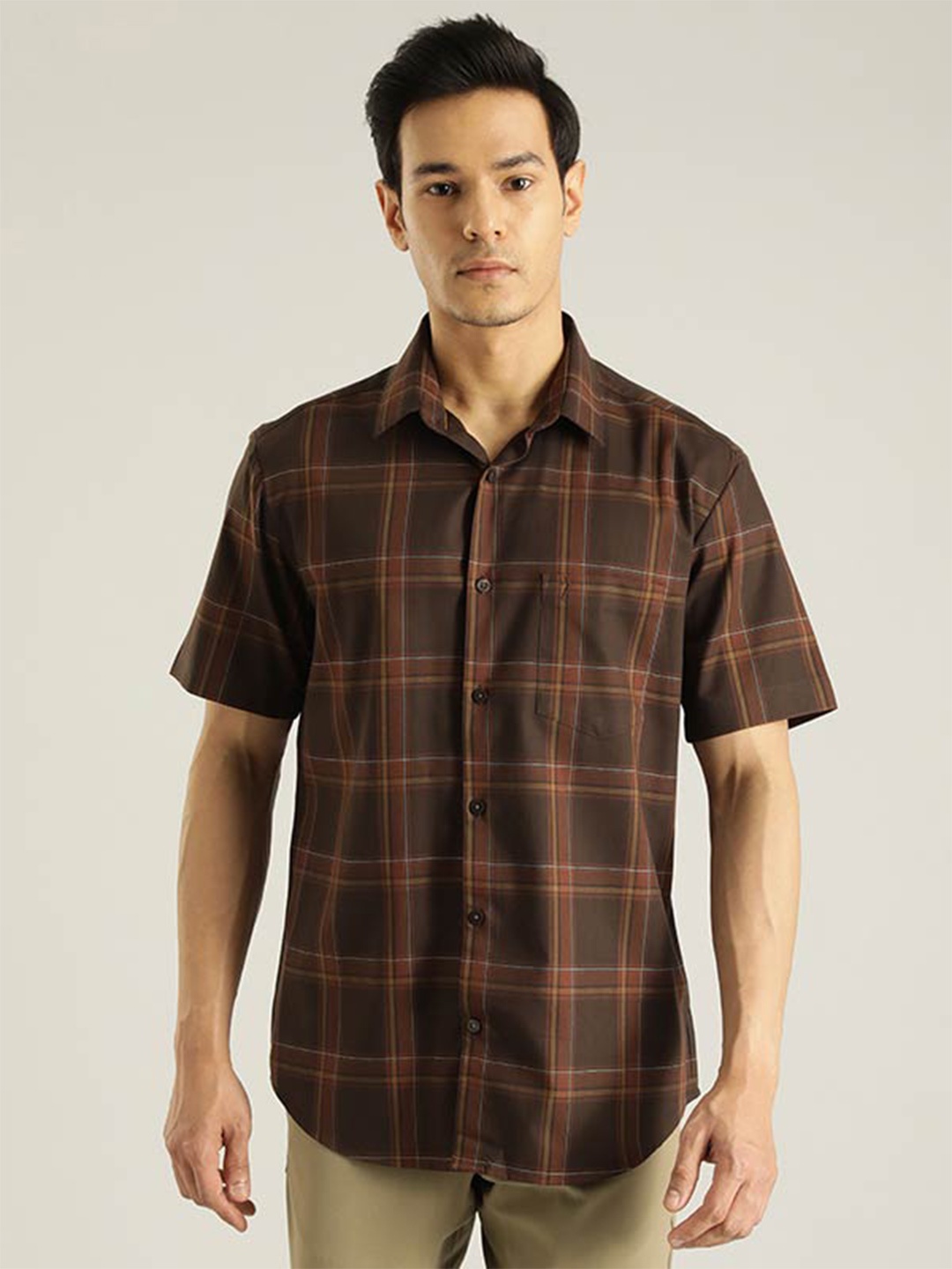 

Indian Terrain Chiseled Slim Fit Tartan Checked Pure Cotton Casual Shirt, Brown