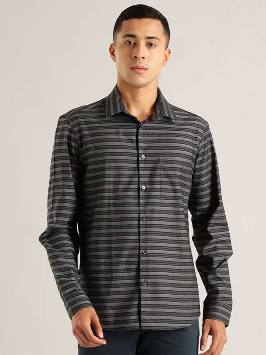 

Indian Terrain Chiseled Slim Fit Horizontal Striped Pure Cotton Casual Shirt, Blue