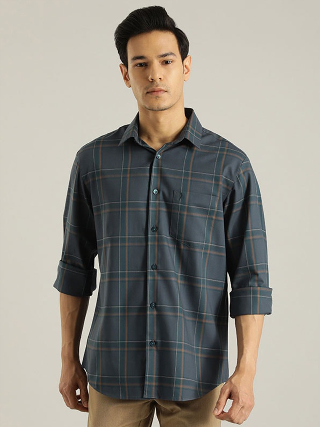 

Indian Terrain Chiseled Slim Fit Tartan Checked Pure Cotton Casual Shirt, Blue