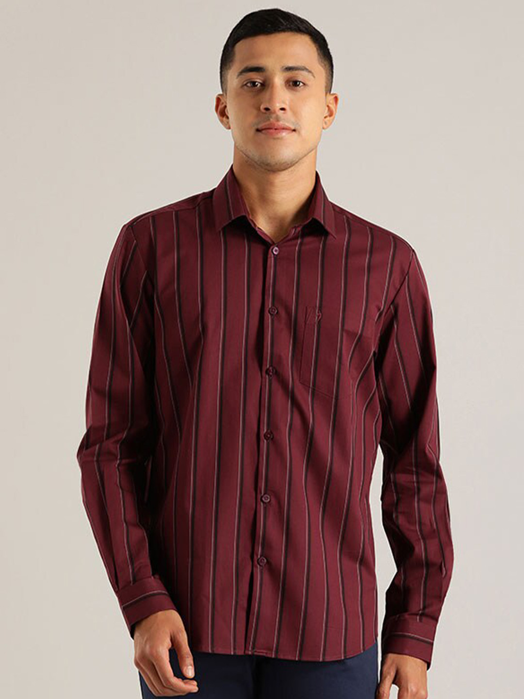 

Indian Terrain Chiseled Slim Fit Vertical Striped Pure Cotton Casual Shirt, Burgundy
