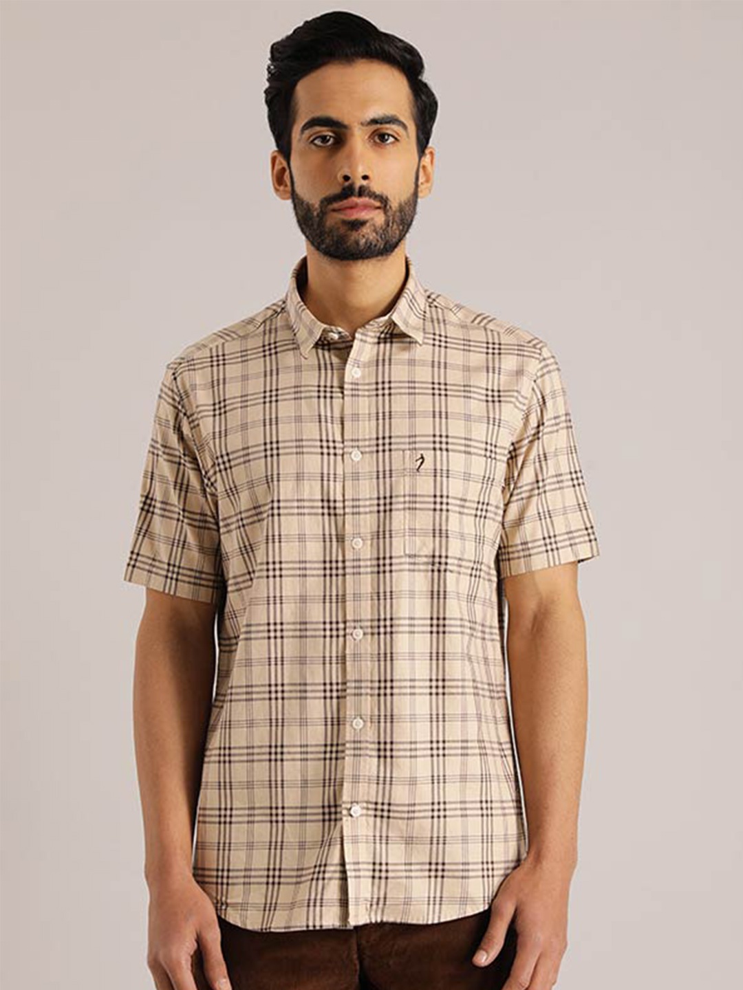 

Indian Terrain Chiseled Slim Fit Tartan Checked Pure Cotton Casual Shirt, Beige