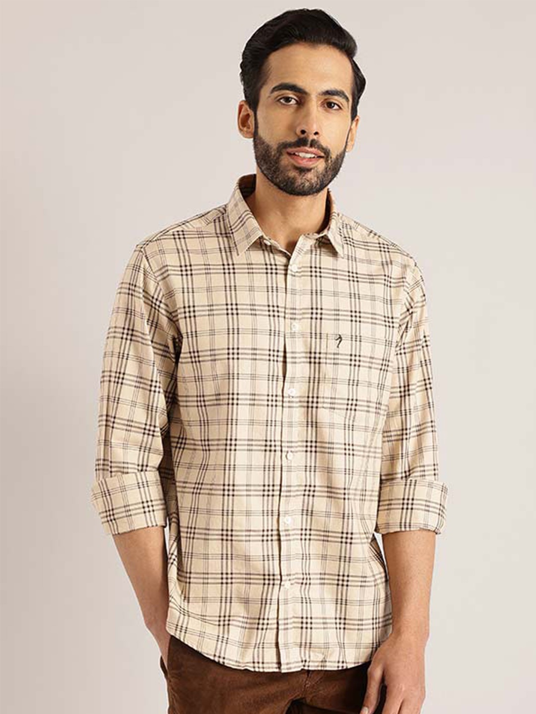 

Indian Terrain Chiseled Slim Fit Tartan Checked Pure Cotton Casual Shirt, Beige