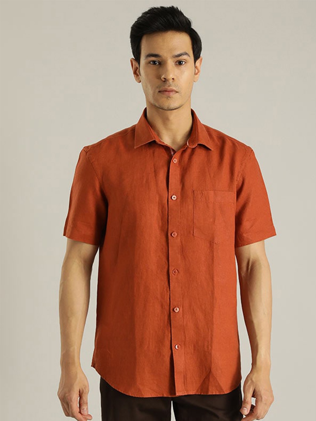 

Indian Terrain Chiseled Slim Fit Opaque Pure Linen Casual Shirt, Rust