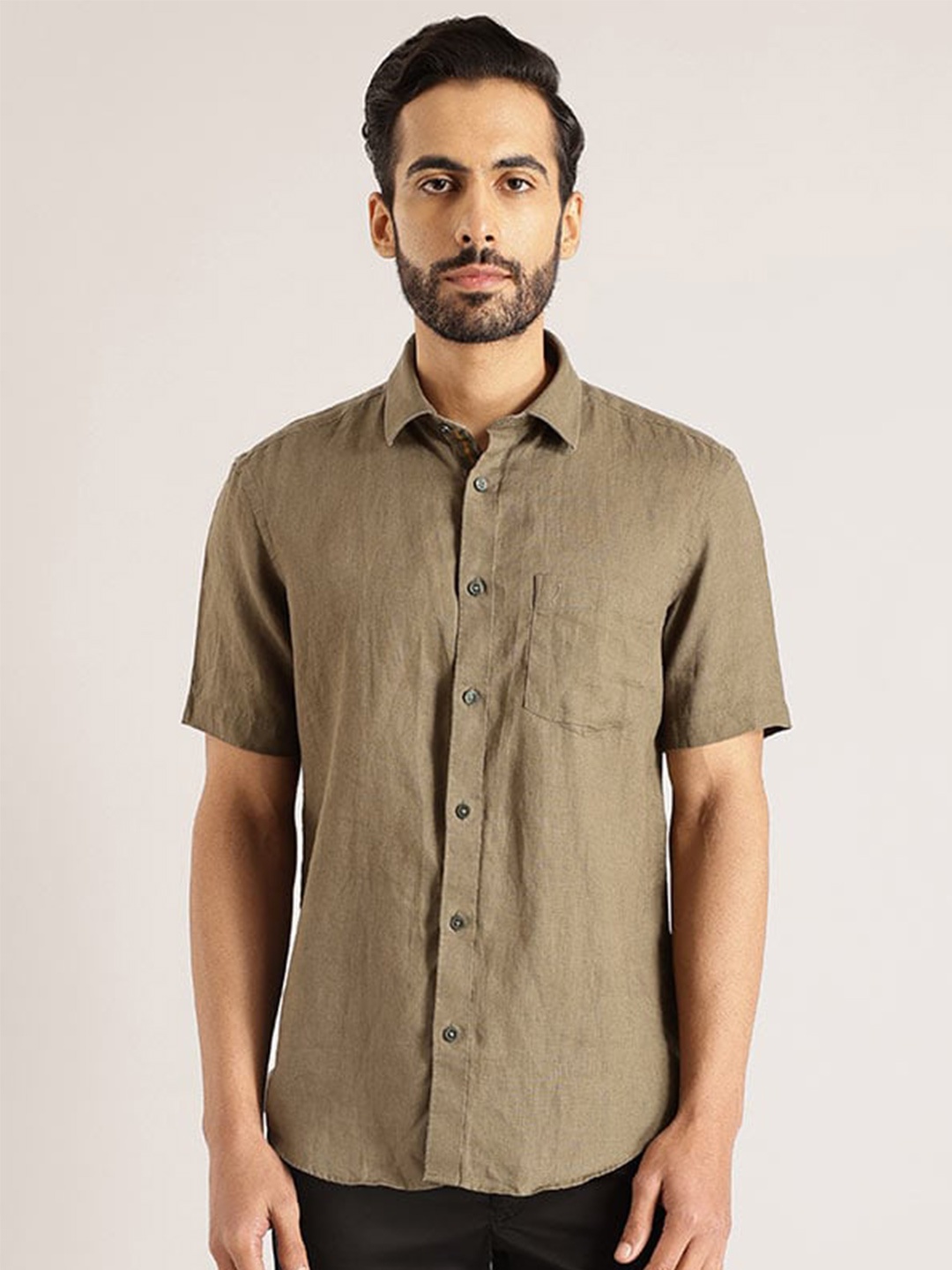 

Indian Terrain Chiseled Slim Fit Opaque Pure Linen Casual Shirt, Green
