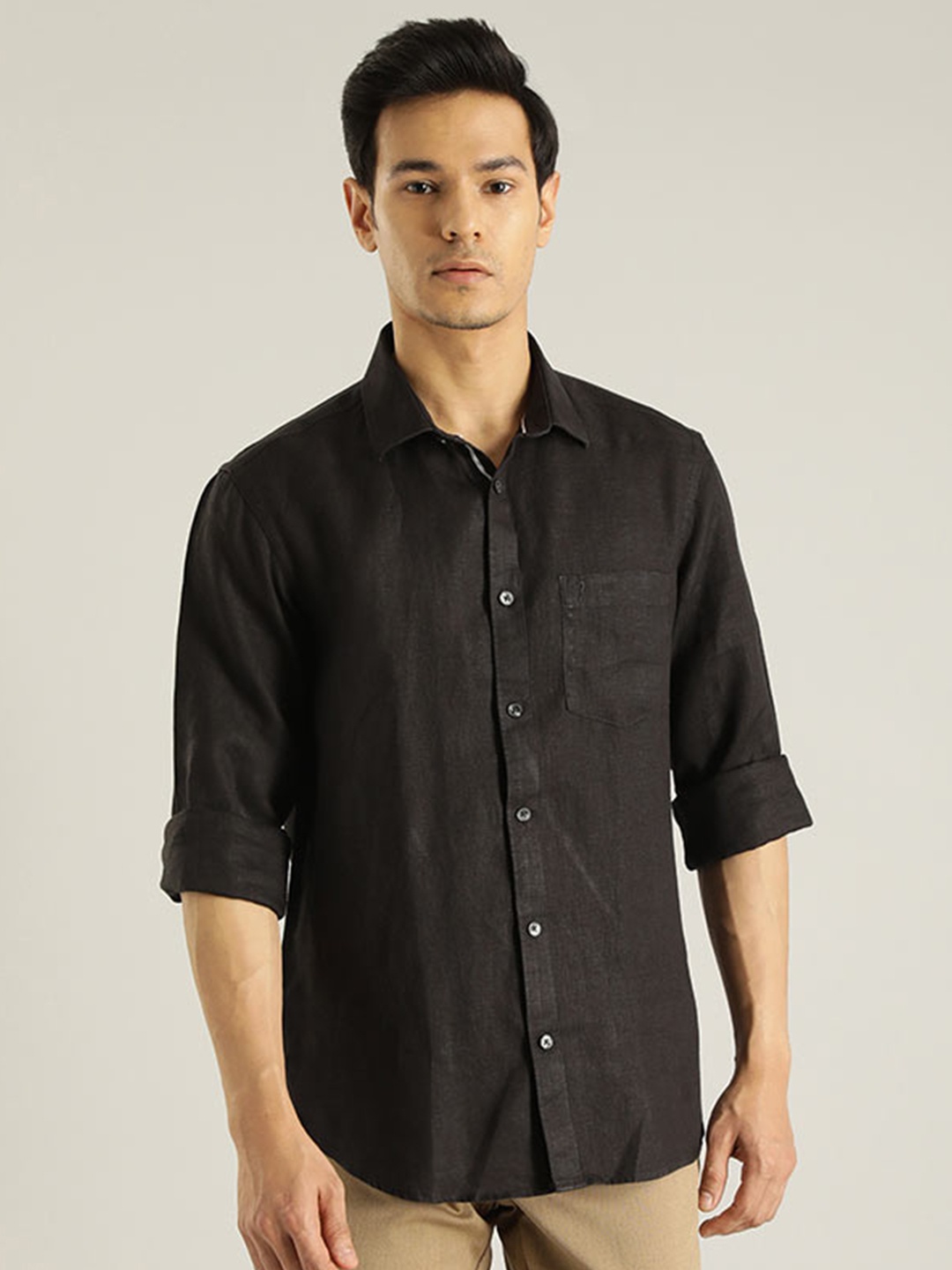 

Indian Terrain Chiseled Slim Fit Opaque Pure Linen Casual Shirt, Black