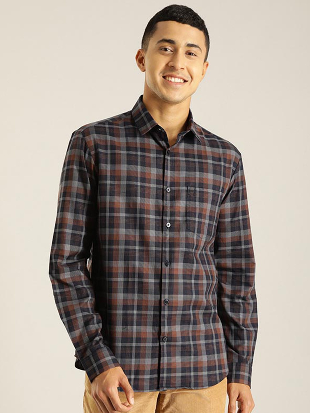 

Indian Terrain Chiseled Slim Fit Tartan Checked Pure Cotton Shirt, Brown