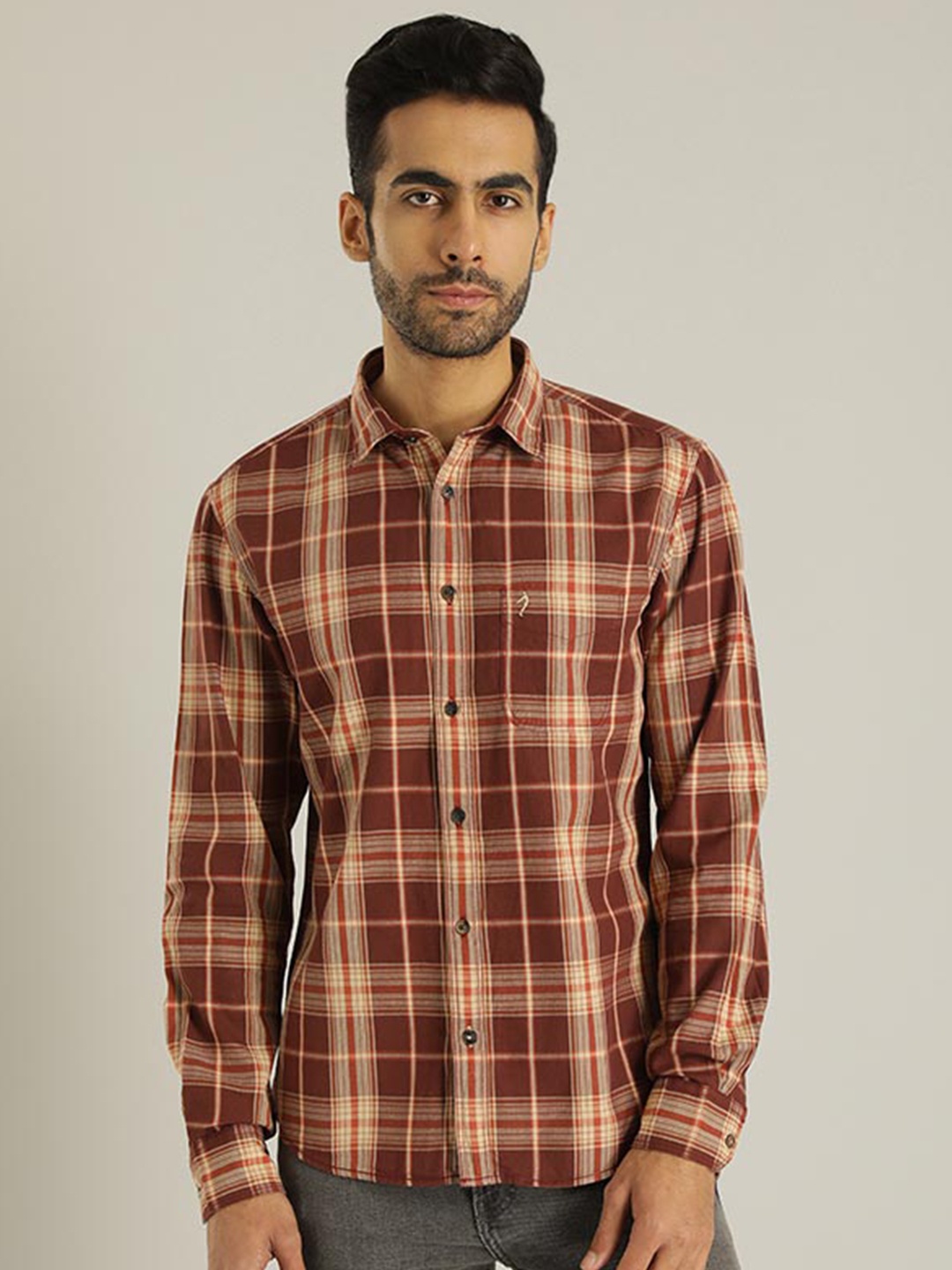 

Indian Terrain Chiseled Slim Fit Tartan Checked Pure Cotton Shirt, Red