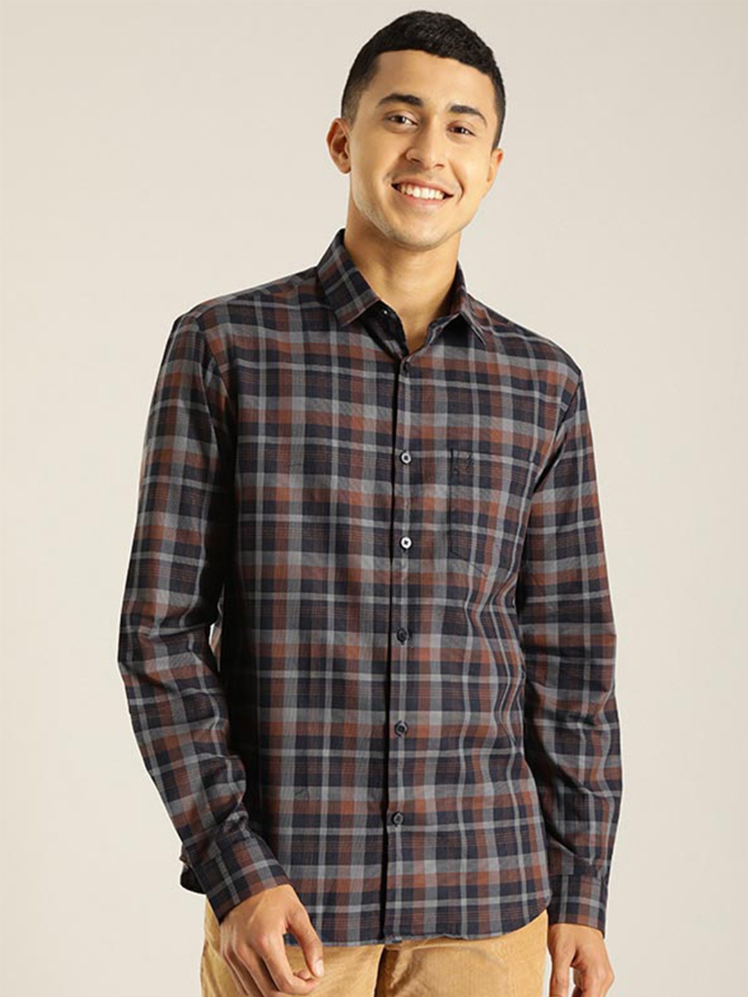 

Indian Terrain Chiseled Slim Fit Tartan Checks Pure Cotton Casual Shirt, Brown