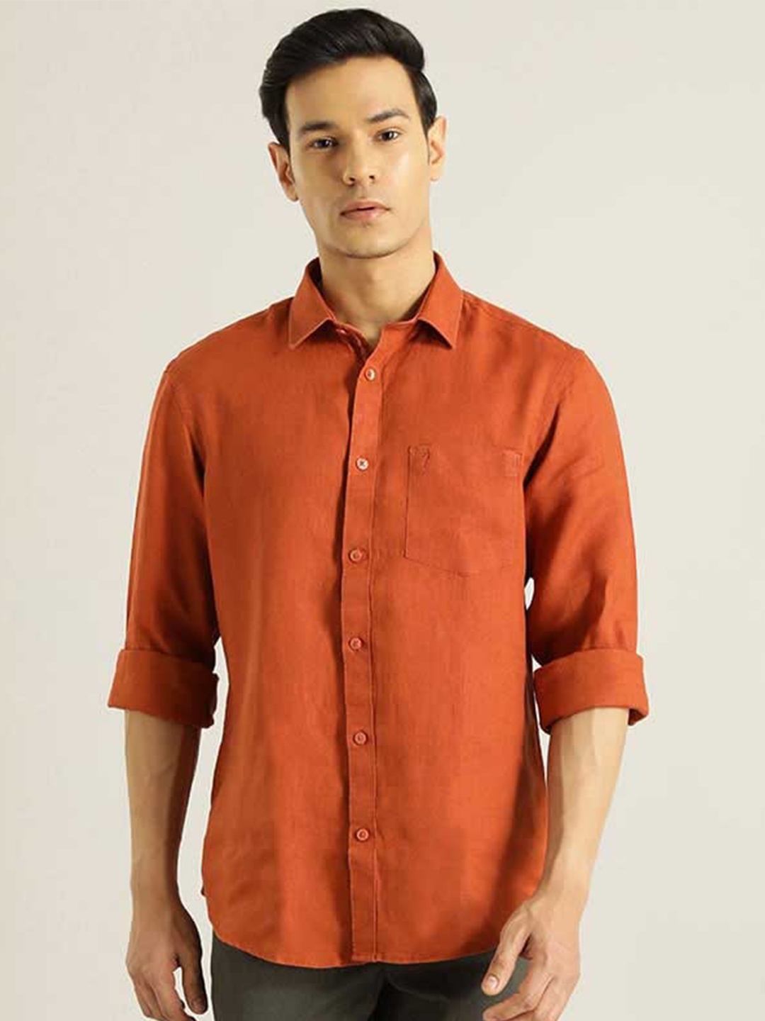 

Indian Terrain Chiseled Slim Fit Pure Linen Casual Shirt, Red