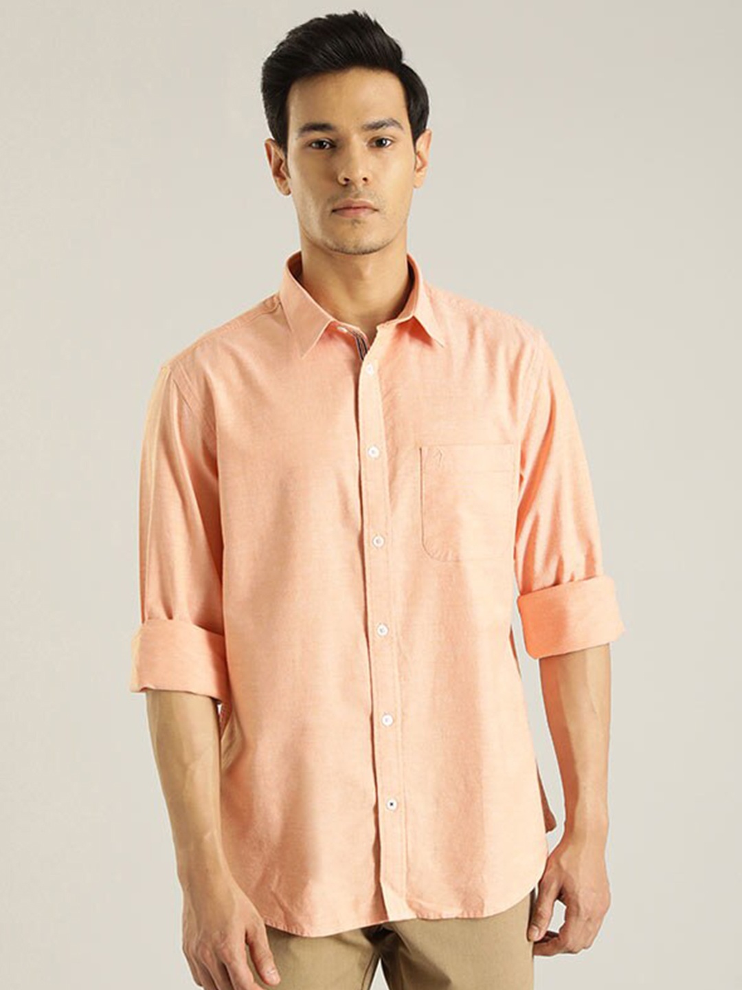 

Indian Terrain Spread Collar Chiseled-Fit Slim Fit Cotton Casual Shirt, Orange