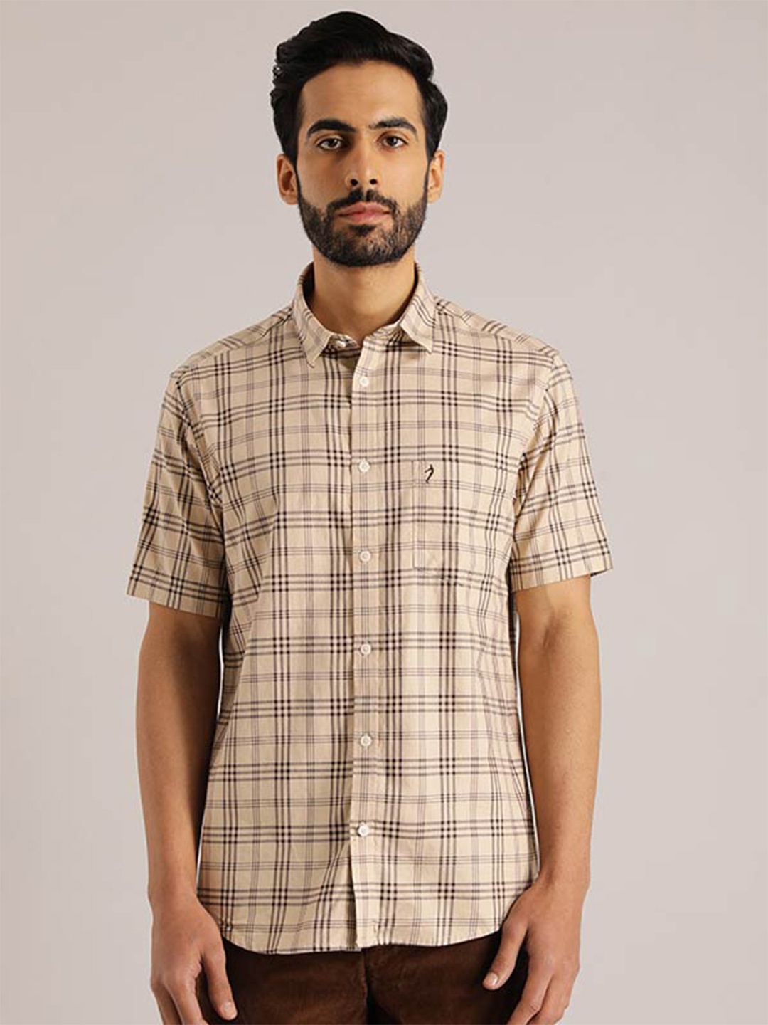 

Indian Terrain Chiseled Slim Fit Opaque Tartan Checked Pure Cotton Casual Shirt, Beige