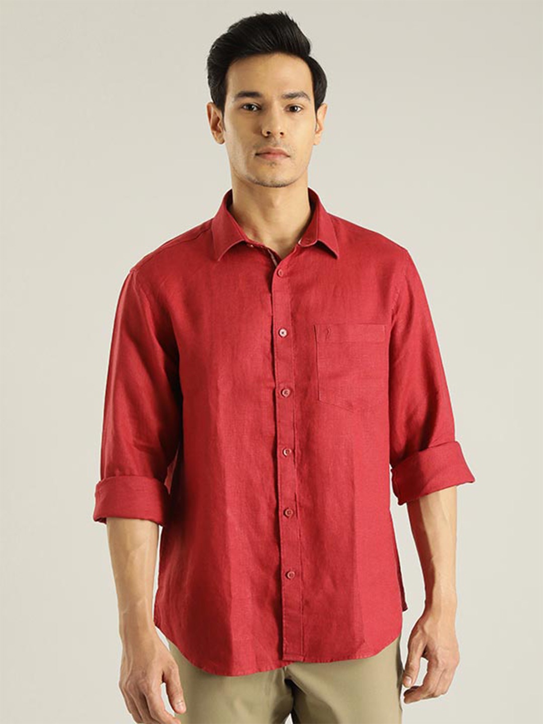 

Indian Terrain Chiseled Slim Fit Opaque Pure Linen Casual Shirt, Red