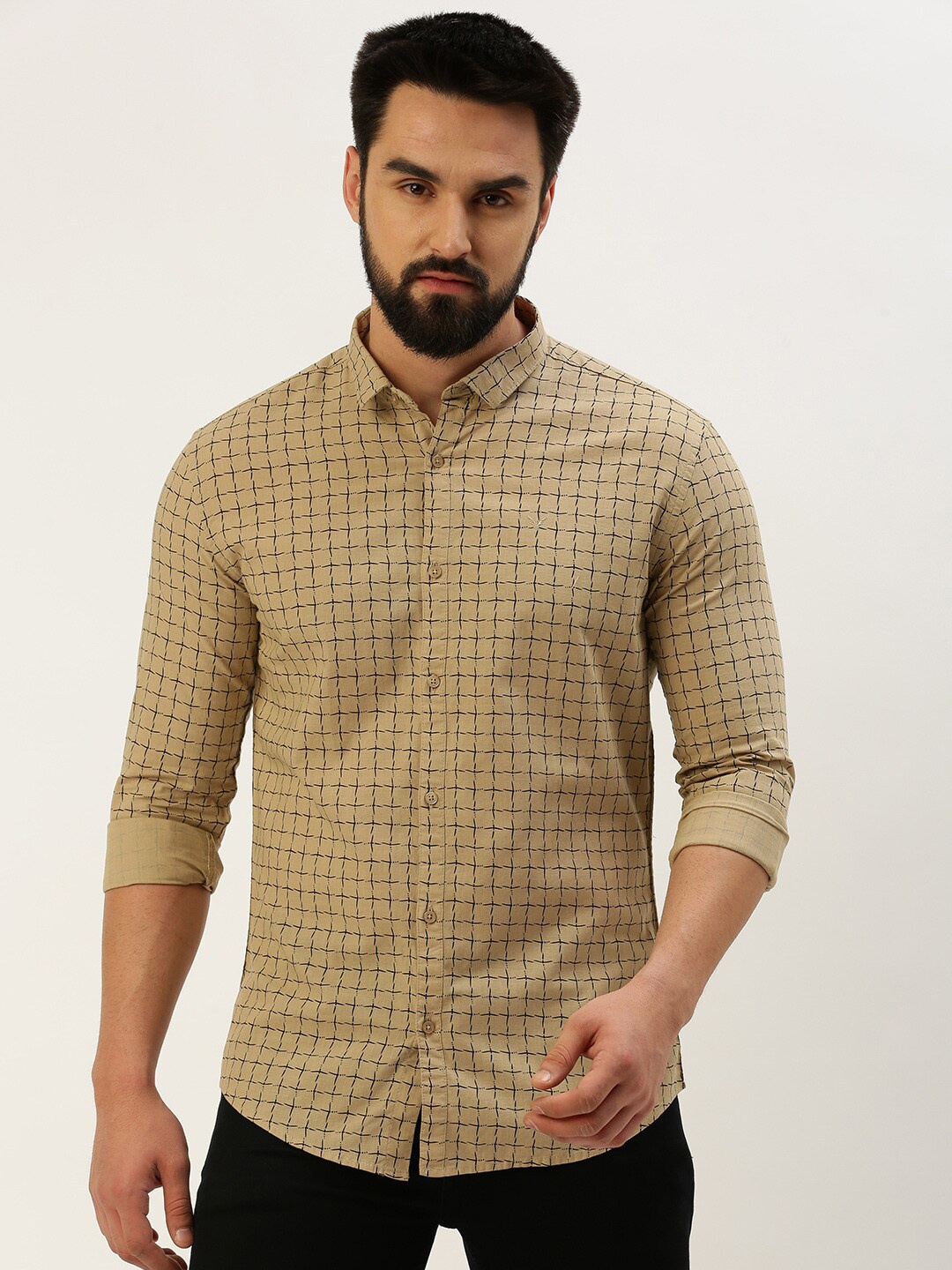 

SHOWOFF Classic Opaque Abstract Printed Linen Casual Shirt, Khaki