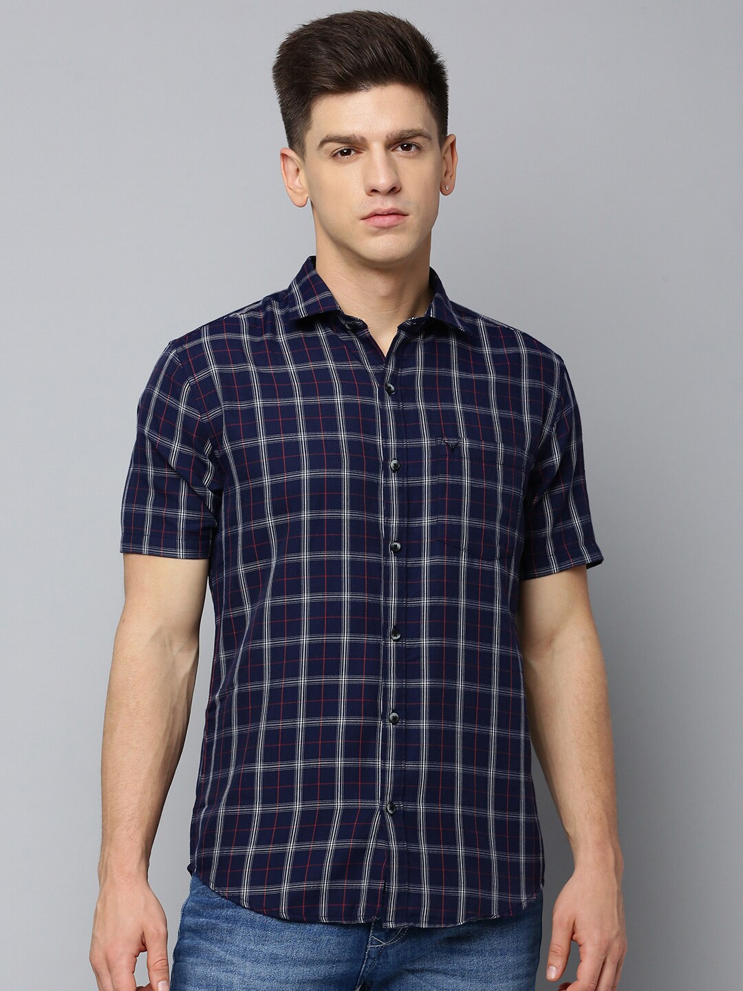

SHOWOFF Comfort Checked Spread Collar Casual Shirt, Navy blue