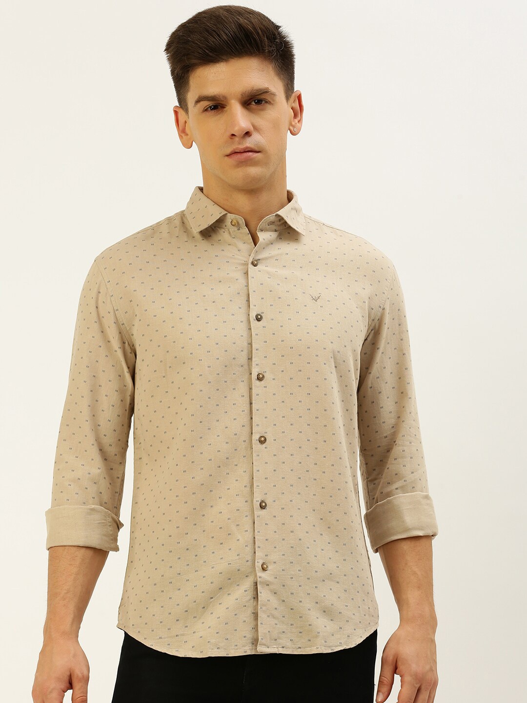 

SHOWOFF Comfort Micro Ditsy Printed Spread Collar Linen Casual Shirt, Beige