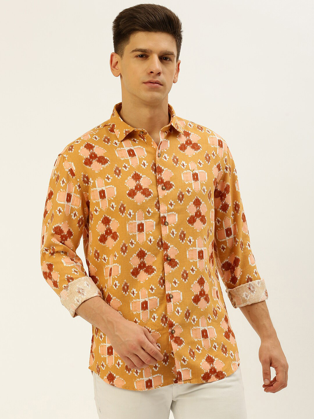 

SHOWOFF Comfort Ethnic Printed Linen Shirt, Mustard