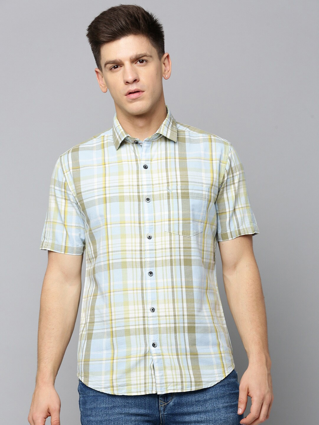 

SHOWOFF Comfort Fit Tartan Checked Spread Collar Casual Shirt, Olive