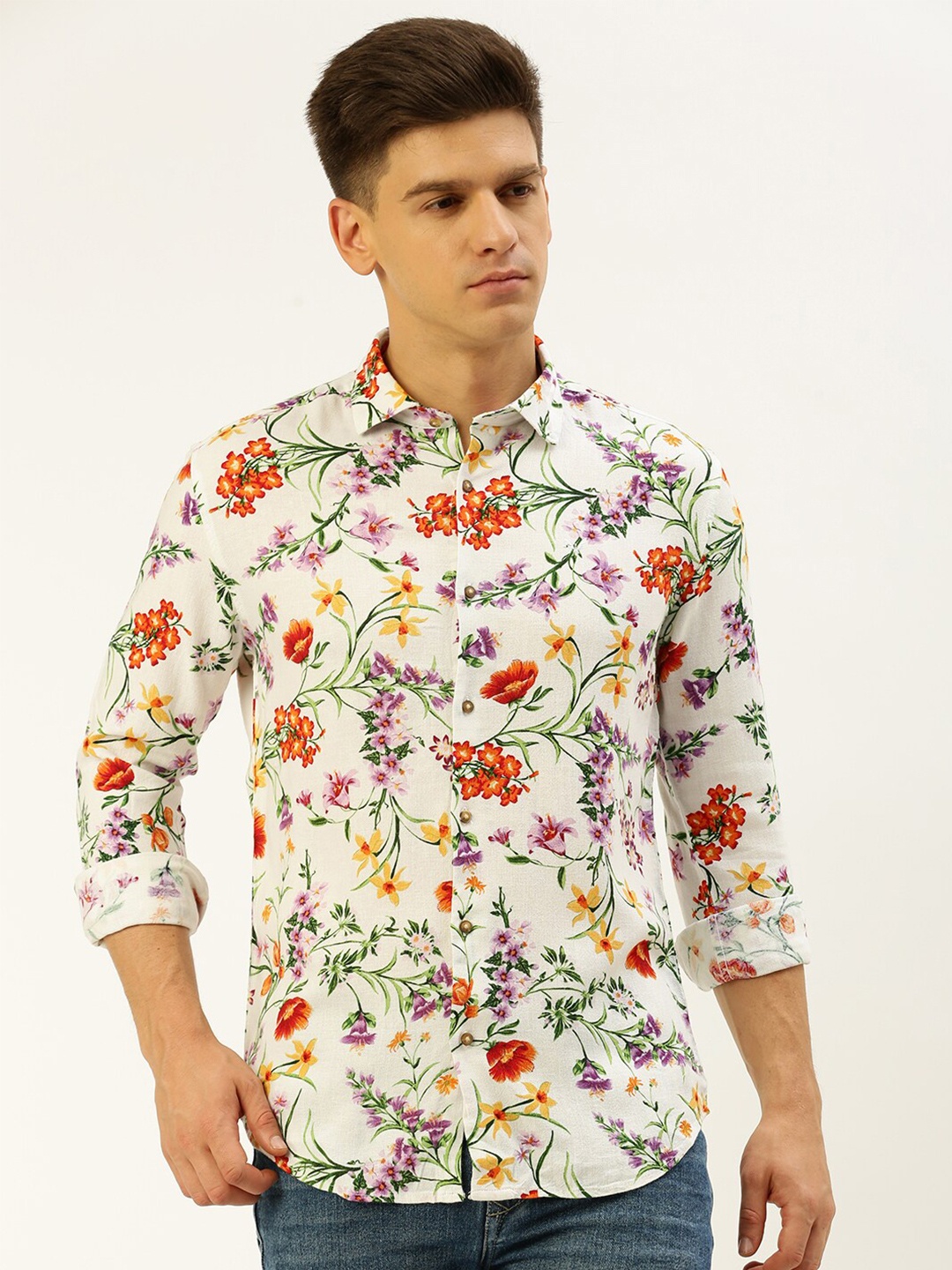 

SHOWOFF Comfort Floral Printed Linen Casual Shirt, White