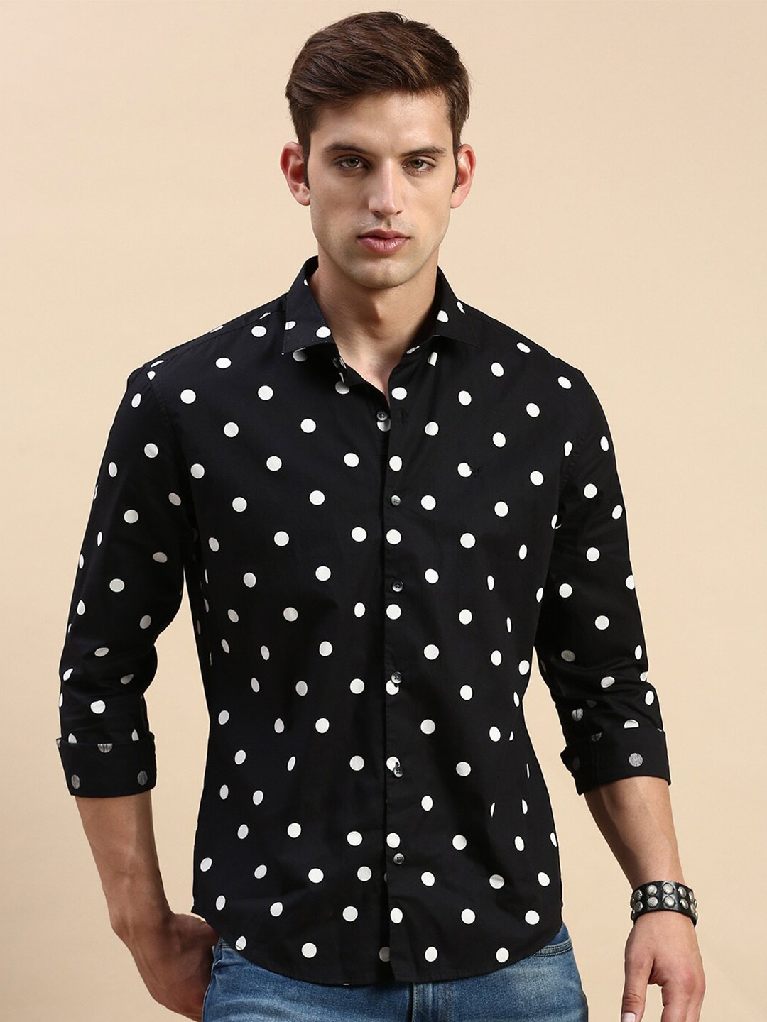 

SHOWOFF Comfort Polka Dot Cotton Printed Casual Shirt, Black