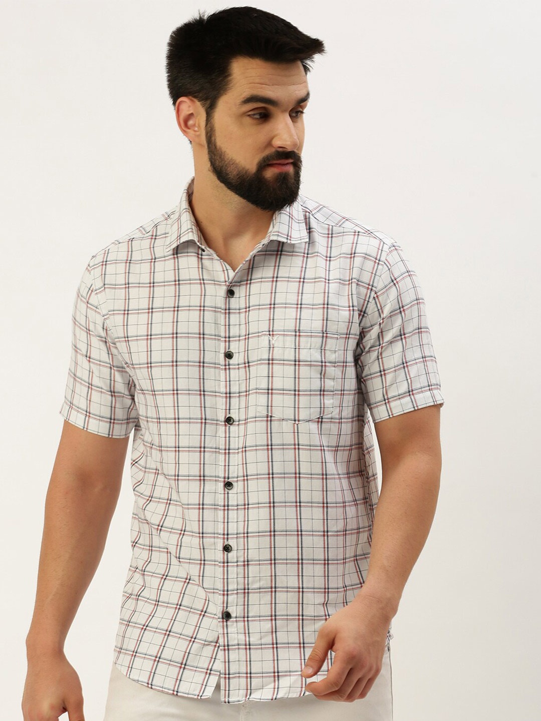 

SHOWOFF Comfort Tartan Checks Twill Cotton Casual Shirt, White