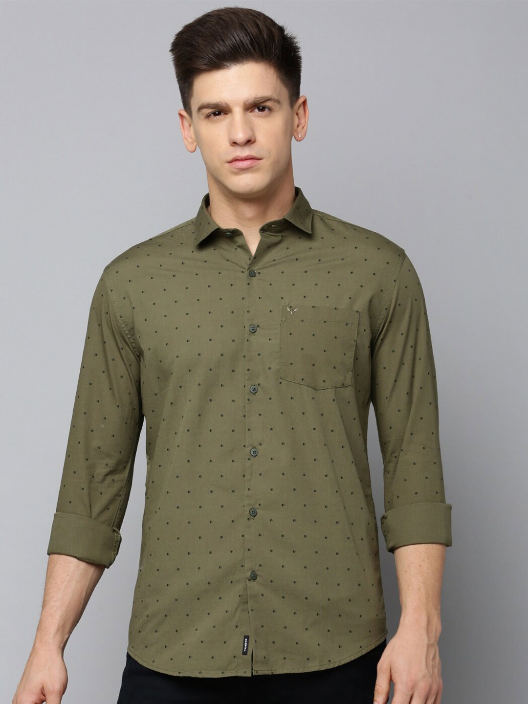 

SHOWOFF Comfort Polka Dot Printed Cotton Casual Shirt, Olive