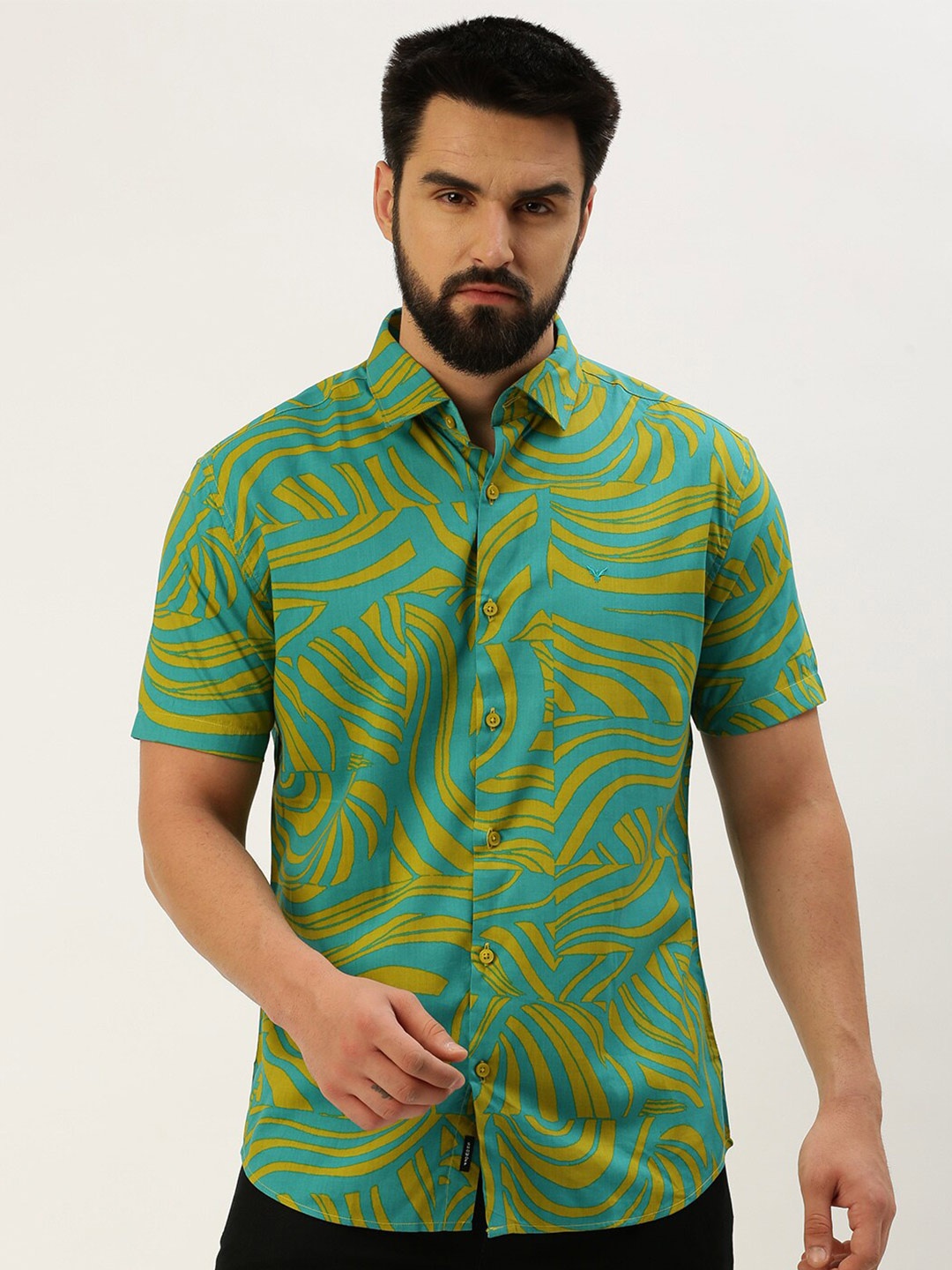 

SHOWOFF Comfort Abstract Printed Cotton Shirt, Turquoise blue