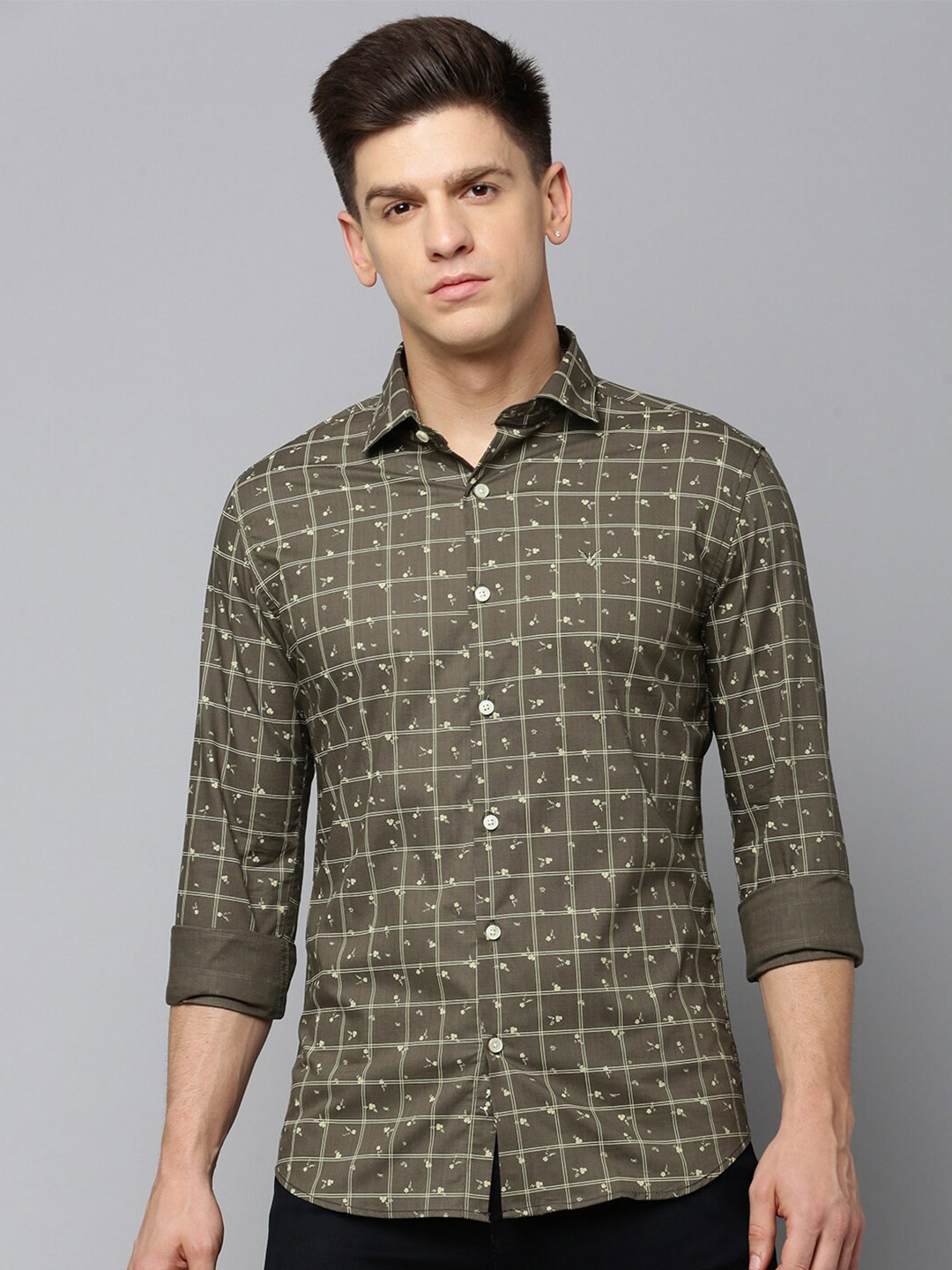 

SHOWOFF Comfort Checked Spread Collar Cotton Casual Shirt, Olive
