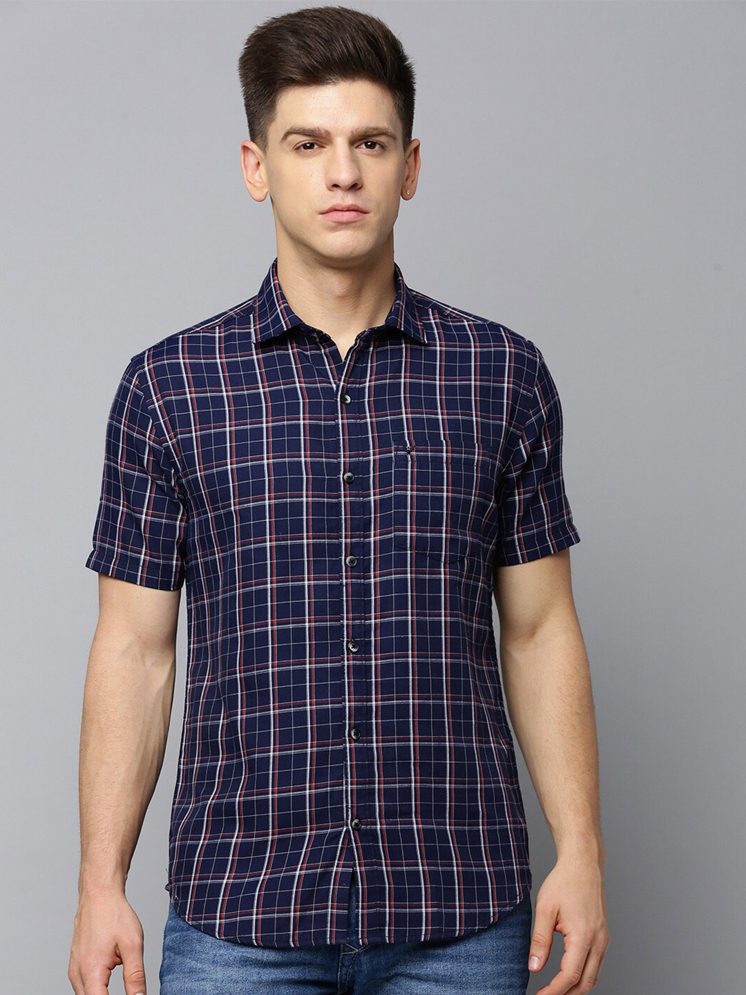 

SHOWOFF Comfort Checked Spread Collar Linen Casual Shirt, Navy blue