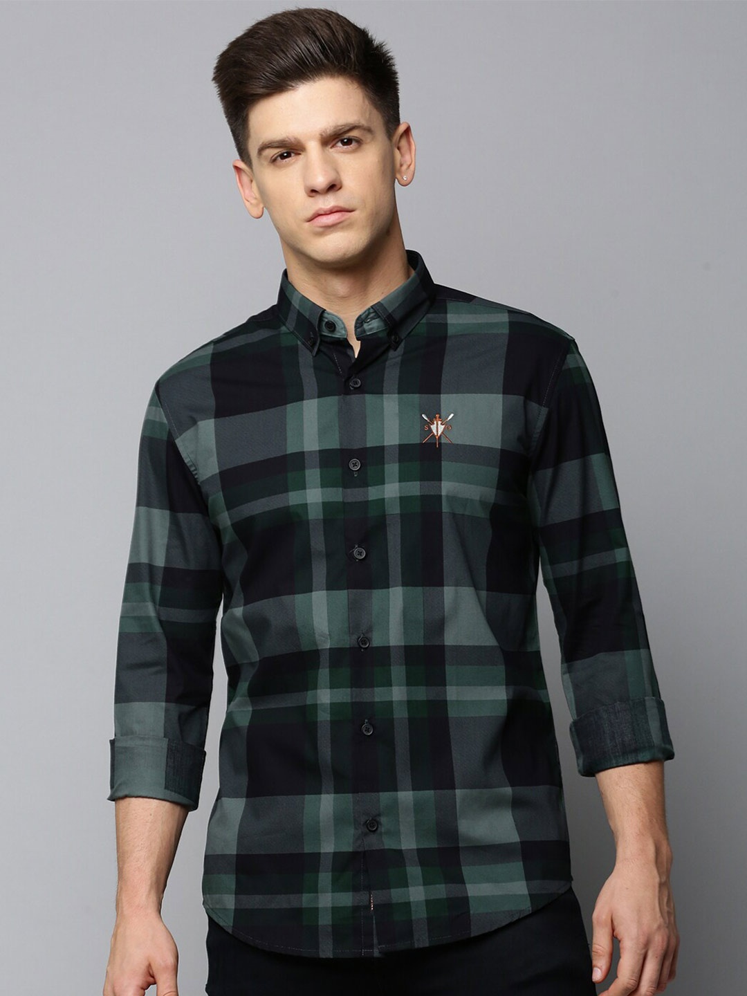

SHOWOFF Comfort Buffalo Checked Button Down Collar Cotton Casual Shirt, Green