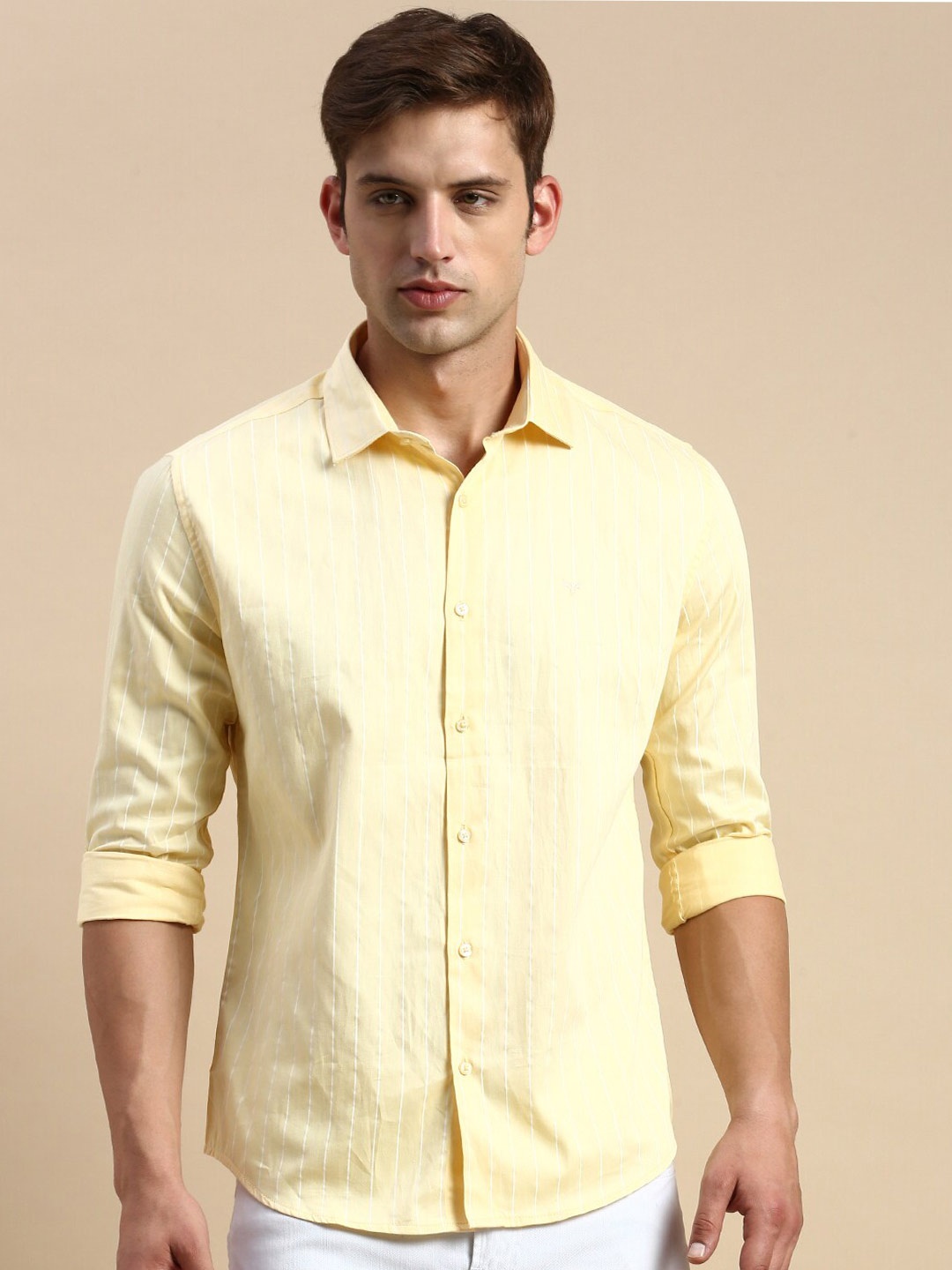 

SHOWOFF Comfort Fit Vertical Striped Cotton Casual Shirt, Yellow