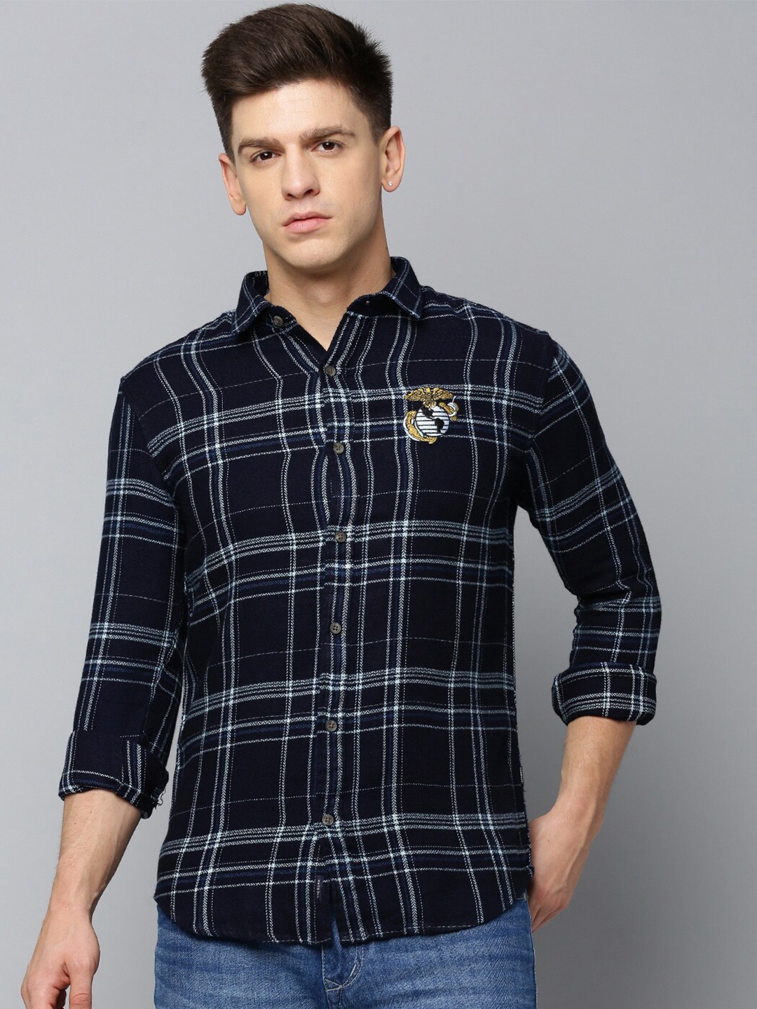 

SHOWOFF Comfort Tartan Checks Cotton Casual Shirt, Navy blue