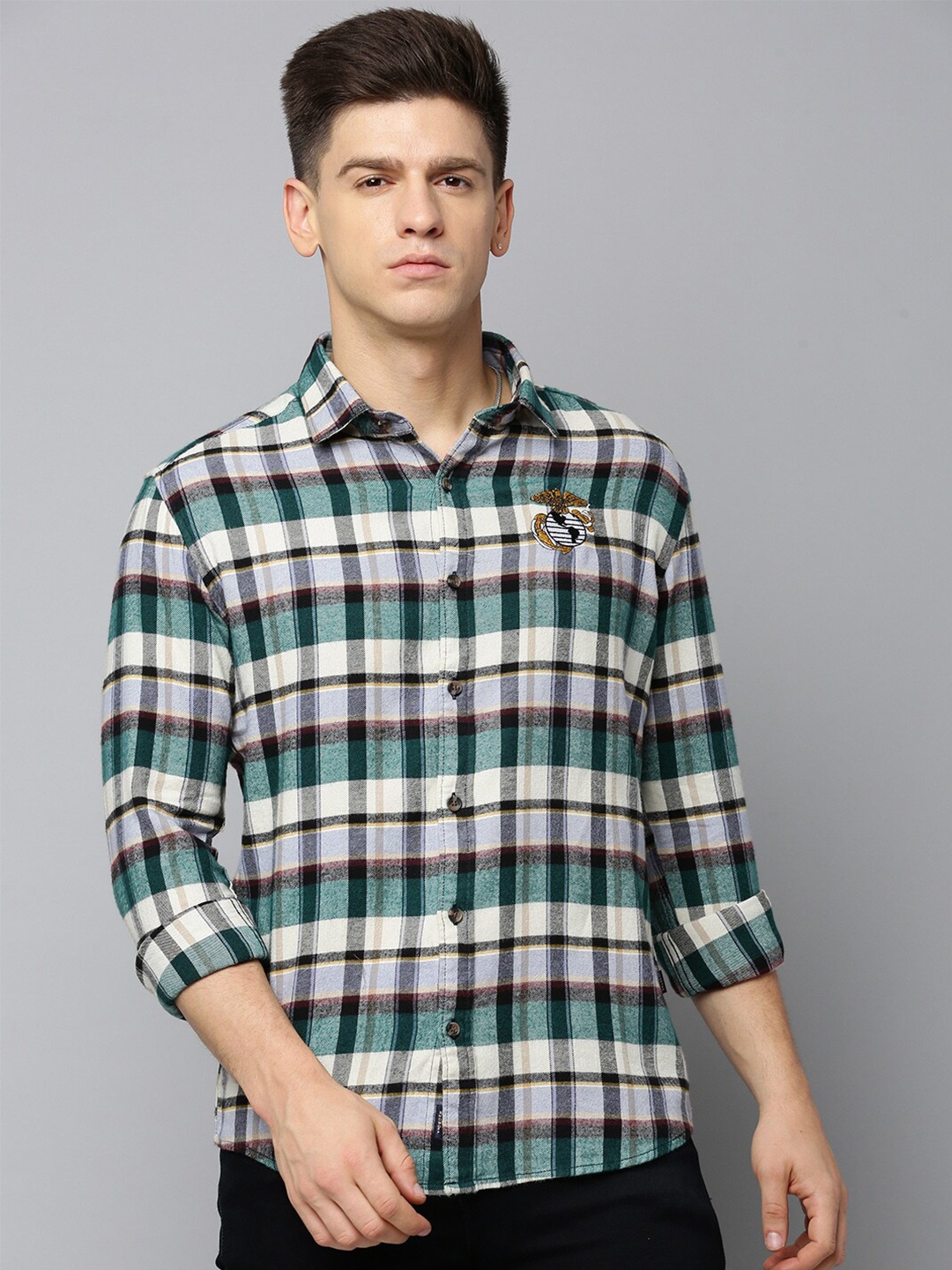 

SHOWOFF Comfort Tartan Checked Opaque Cotton Casual Shirt, White