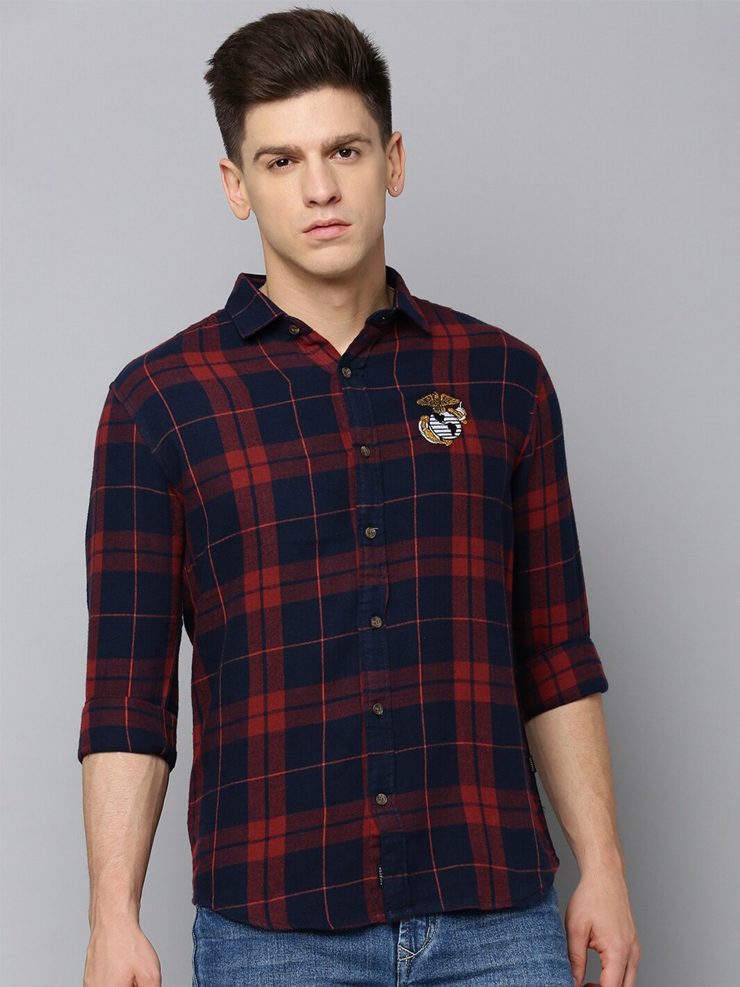 

SHOWOFF Comfort Tartan Checked Cotton Shirt, Navy blue